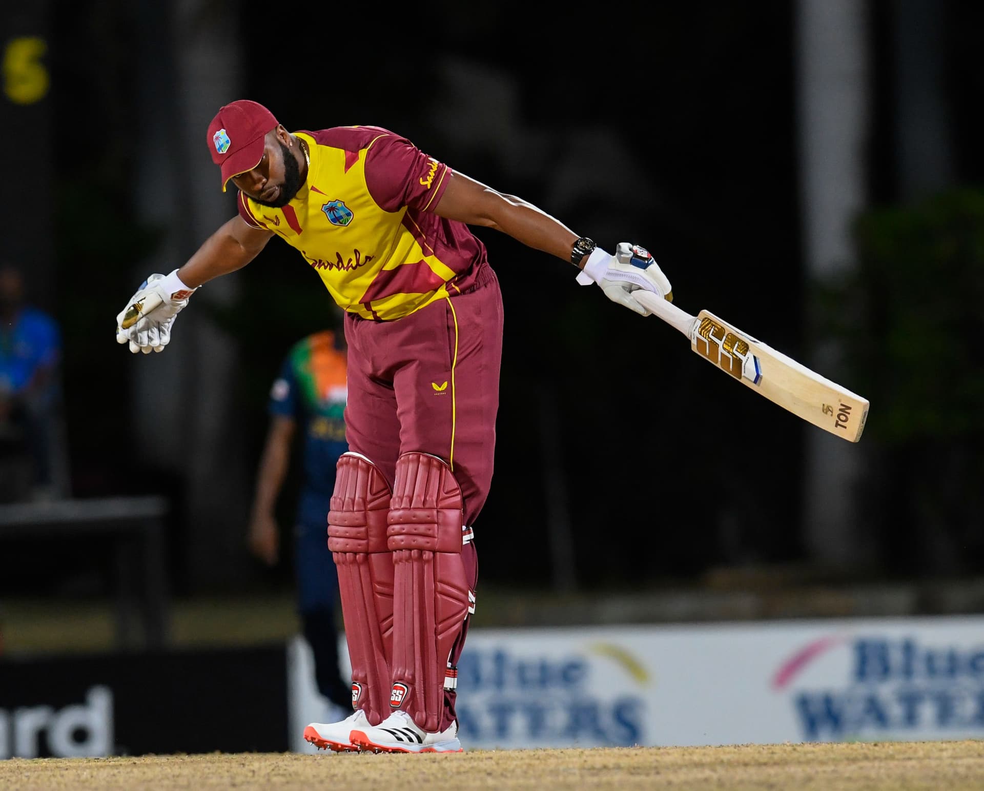 Kieron Pollard of West Indies celebrates hitting 6 sixes