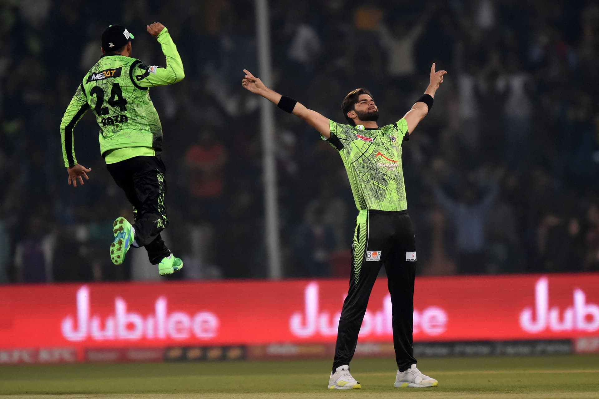 Lahore Qalandars's Shaheen Shah Afridi celebrates the wicket of Peshawar Zalmi's Babar Azam