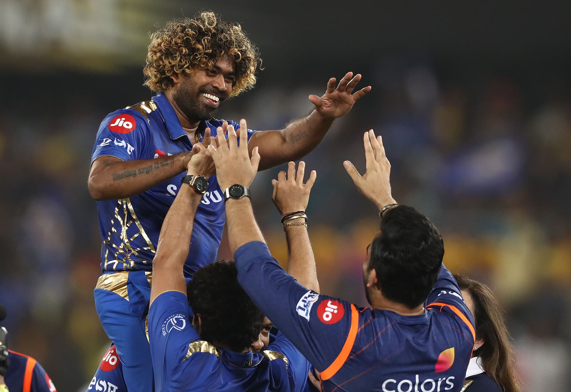 Lasith Malinga of the Mumbai Indians celebrates taking the last wicket.jpg