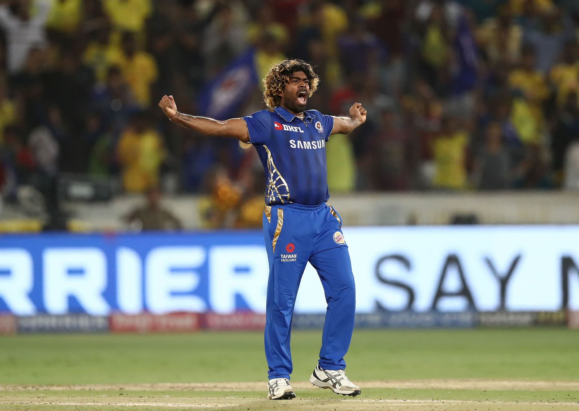 Lasith Malinga of the Mumbai Indians celebrates taking the last wicket.jpg