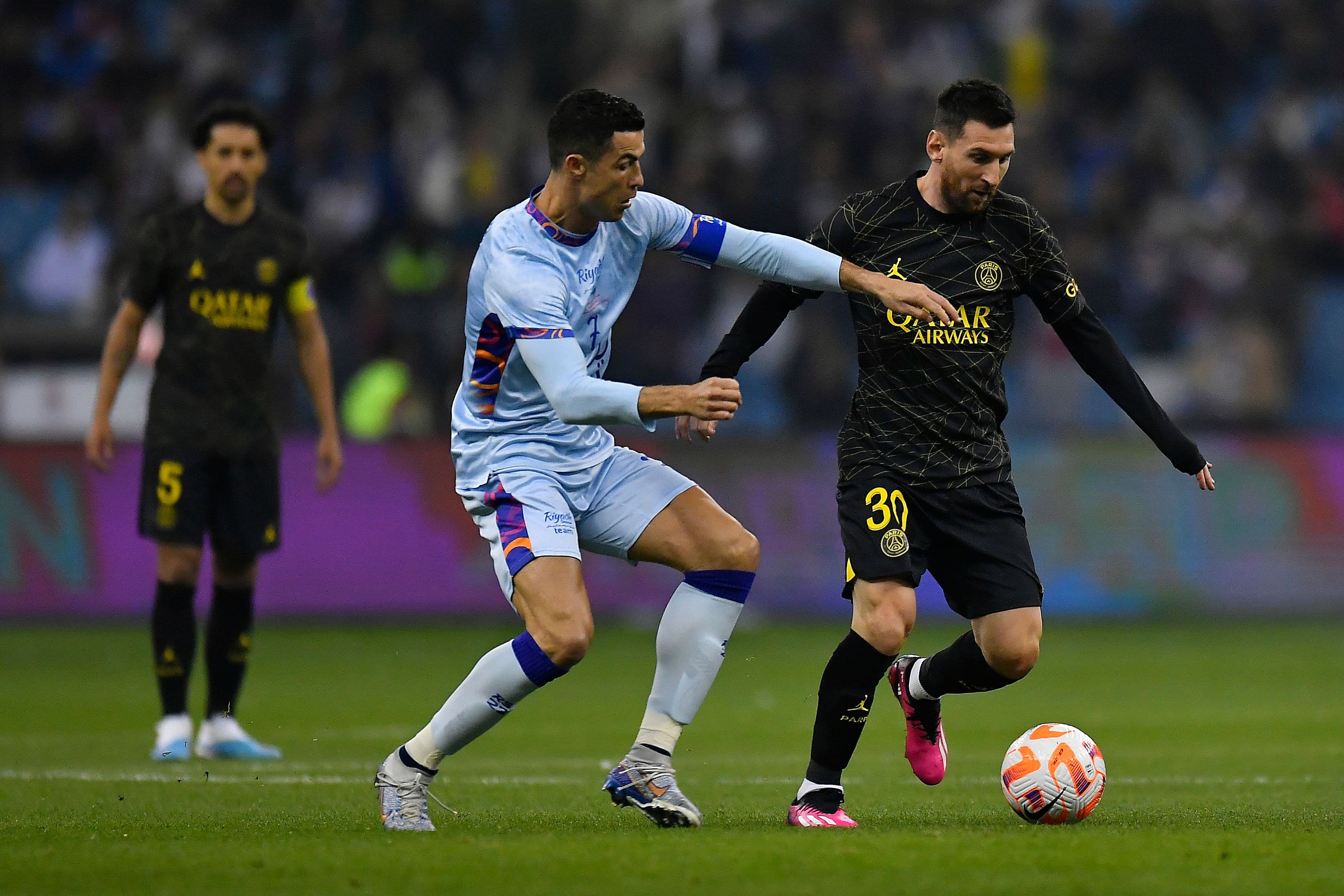 Leo Messi of Paris Saint-Germain and Cristiano Ronaldo of Ruyadh