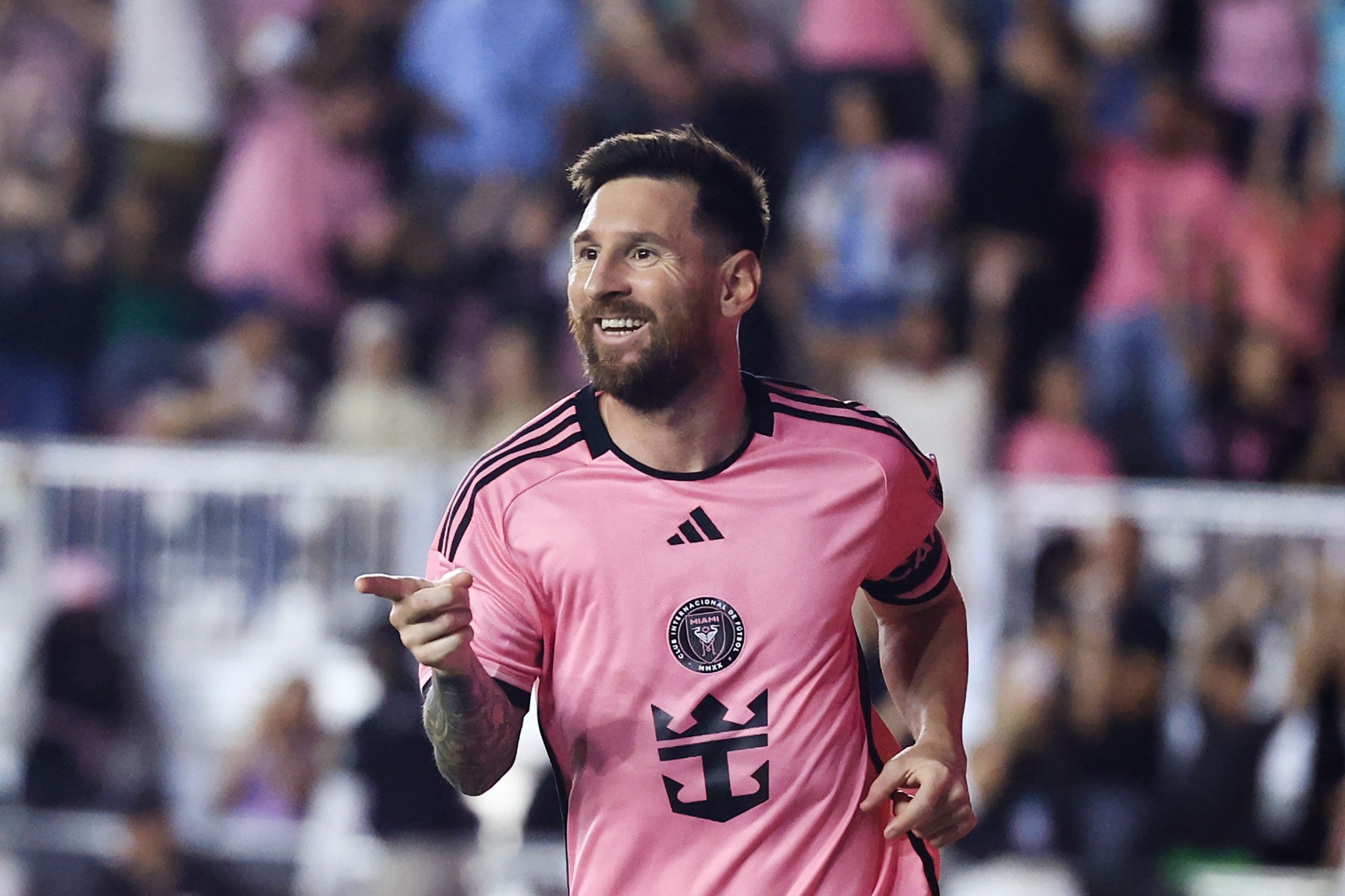 Lionel Messi #10 of Inter Miami celebrates scoring his third goal