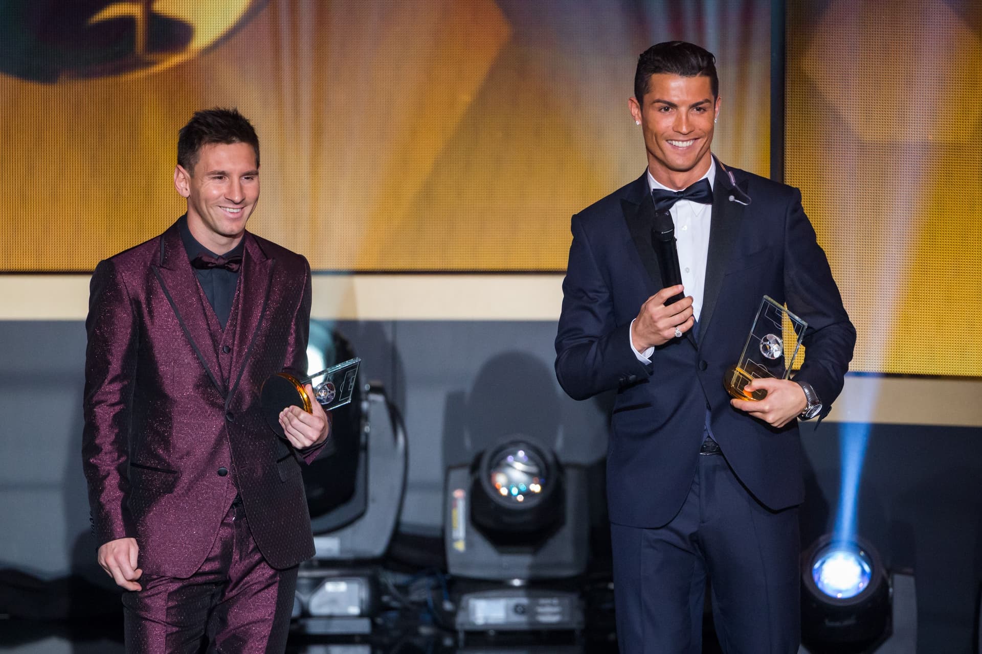 Lionel Messi of Argentina and FC Barcelona (L) and Cristiano Ronaldo of Portugal