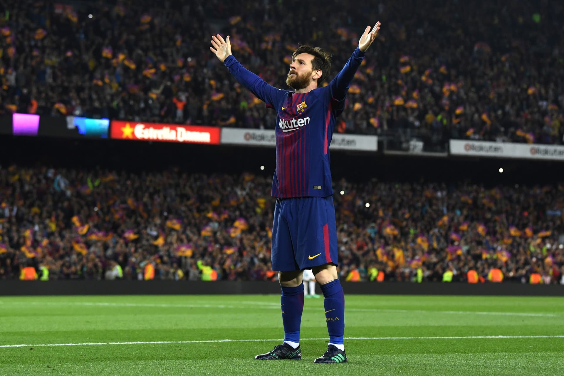 Lionel Messi of Barcelona celebrates after scoring his sides second goal