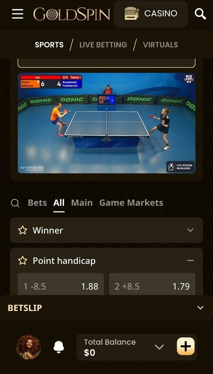 Live Betting & Streaming Goldspin