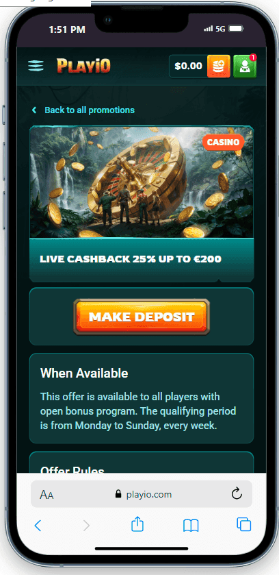 Live Casino Cashback bonus