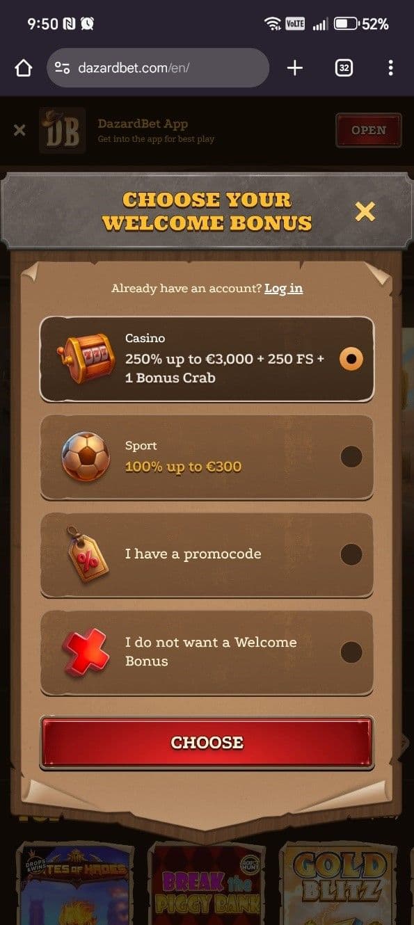 Log in to your Dazard Bet account