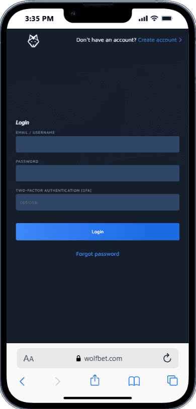 Log in to your Wolfbet account.