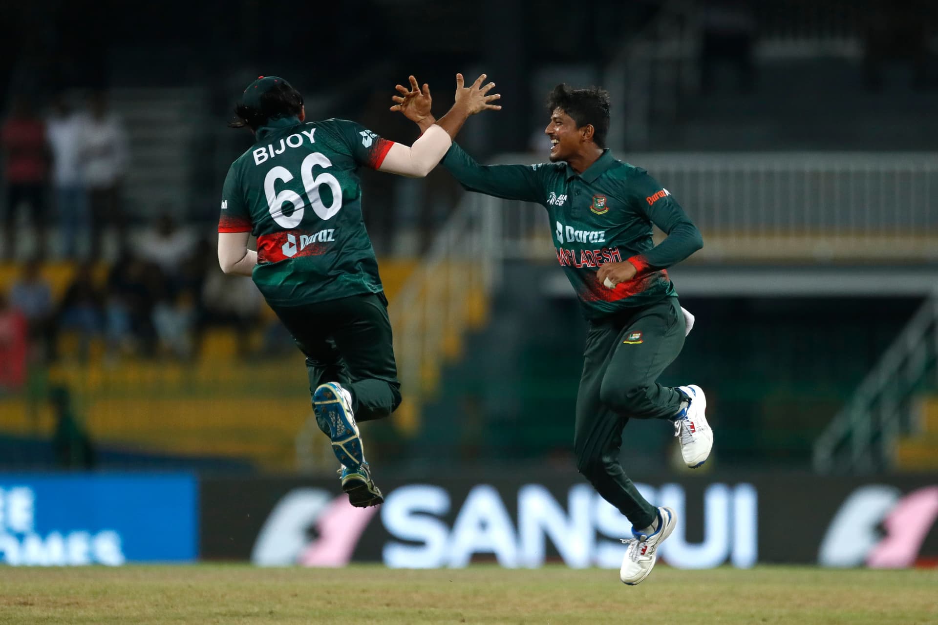 Mahedi Hasan of Bangladesh celebrates the wicket of KL Rahul of India during the Asia Cup match