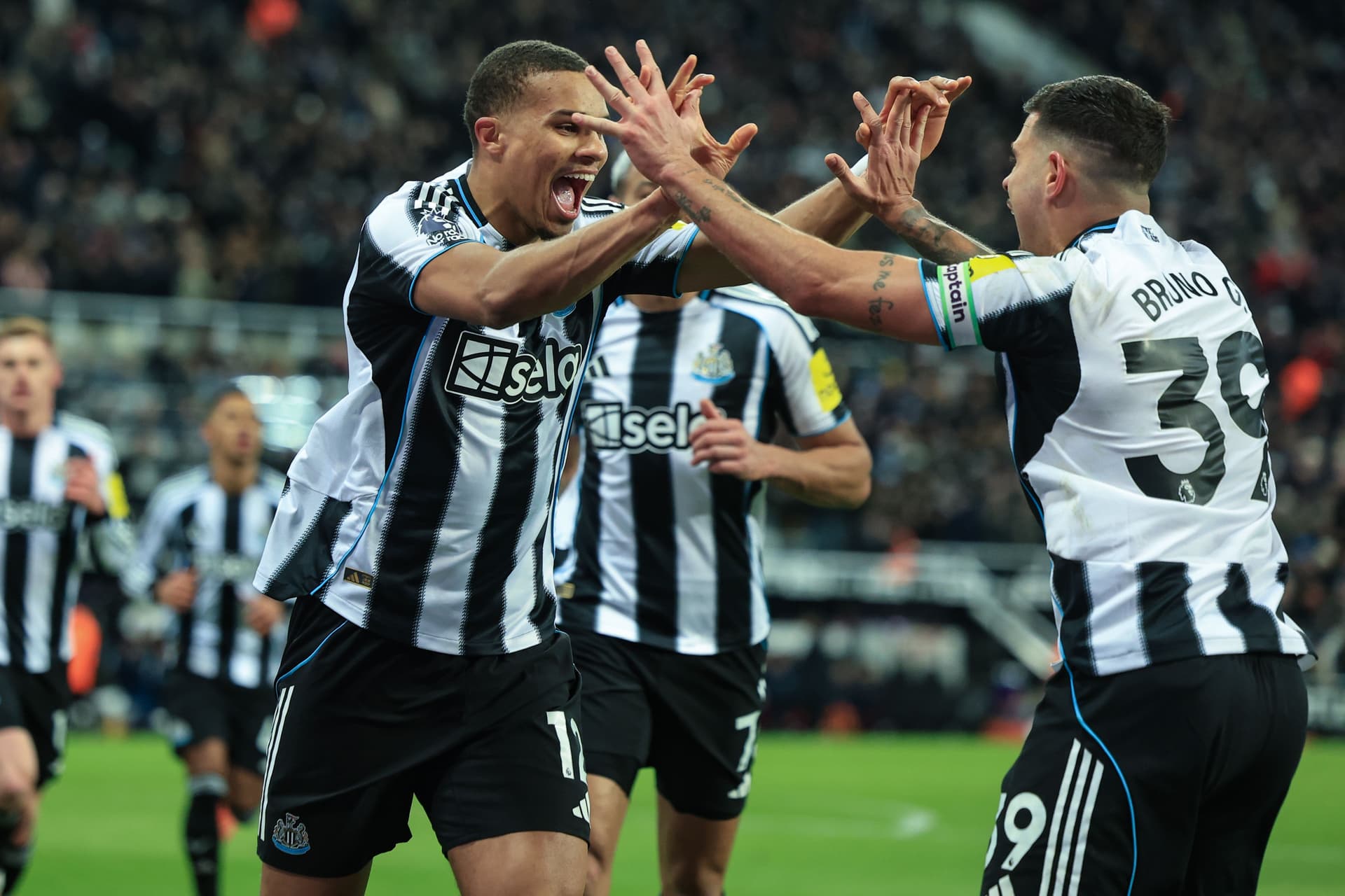 Malick Thiaw of Newcastle United (12) celebrates after scoring Newcastle's second goal during the Premier League match