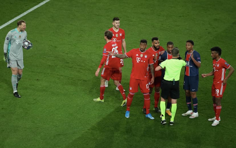Manuel Neuer of FC Bayern Munich react with the referee during the UEFA Champions League Quarter Final