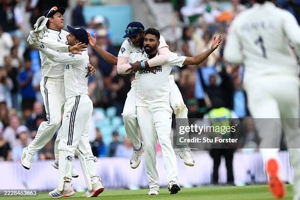 Mohammed Siraj of India celebrates the match winning wicket of Gus Atkinson