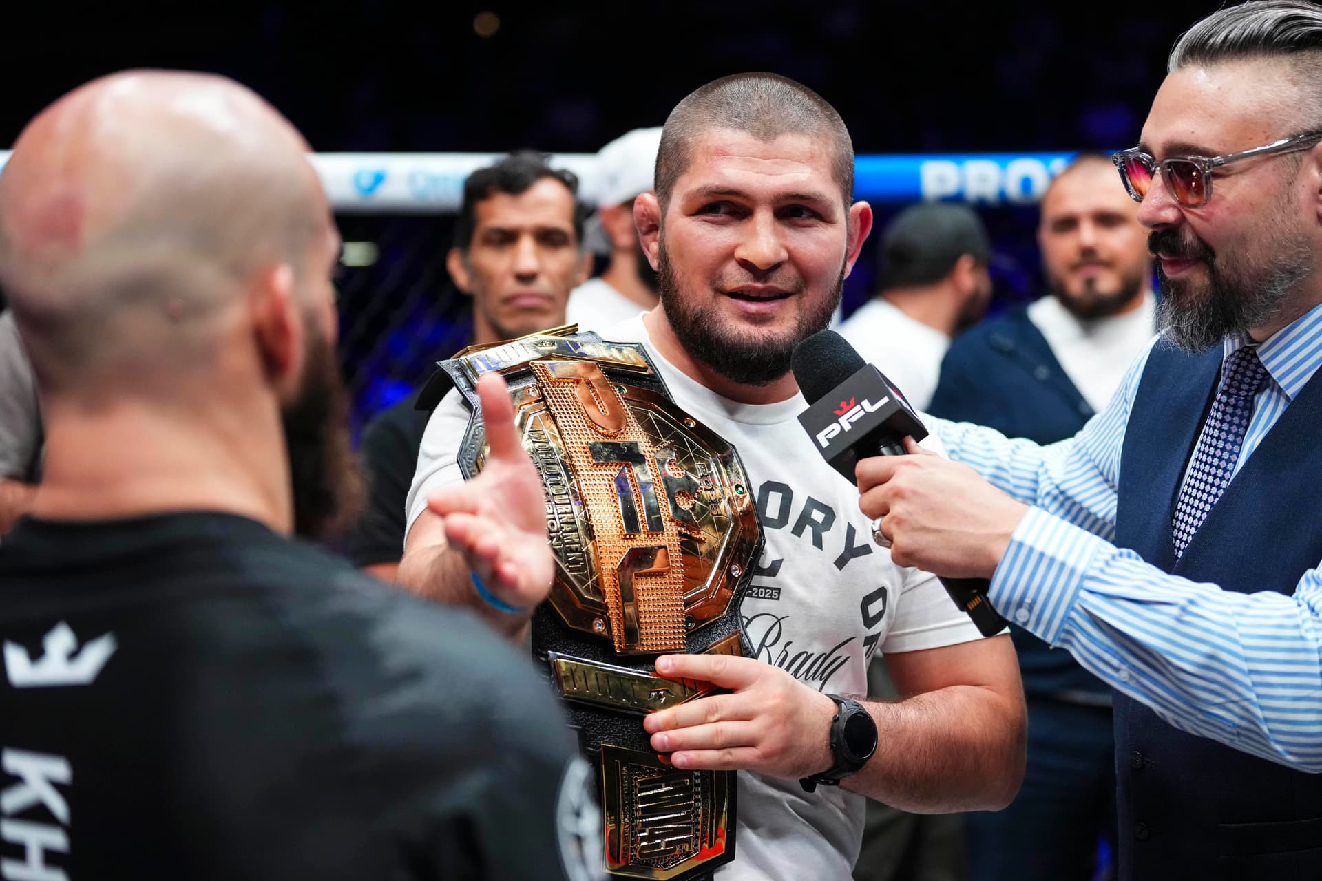 Movlid Khaybulaev celebrates with Khabib Nurmagomedov after defeating Jesus Pinedo