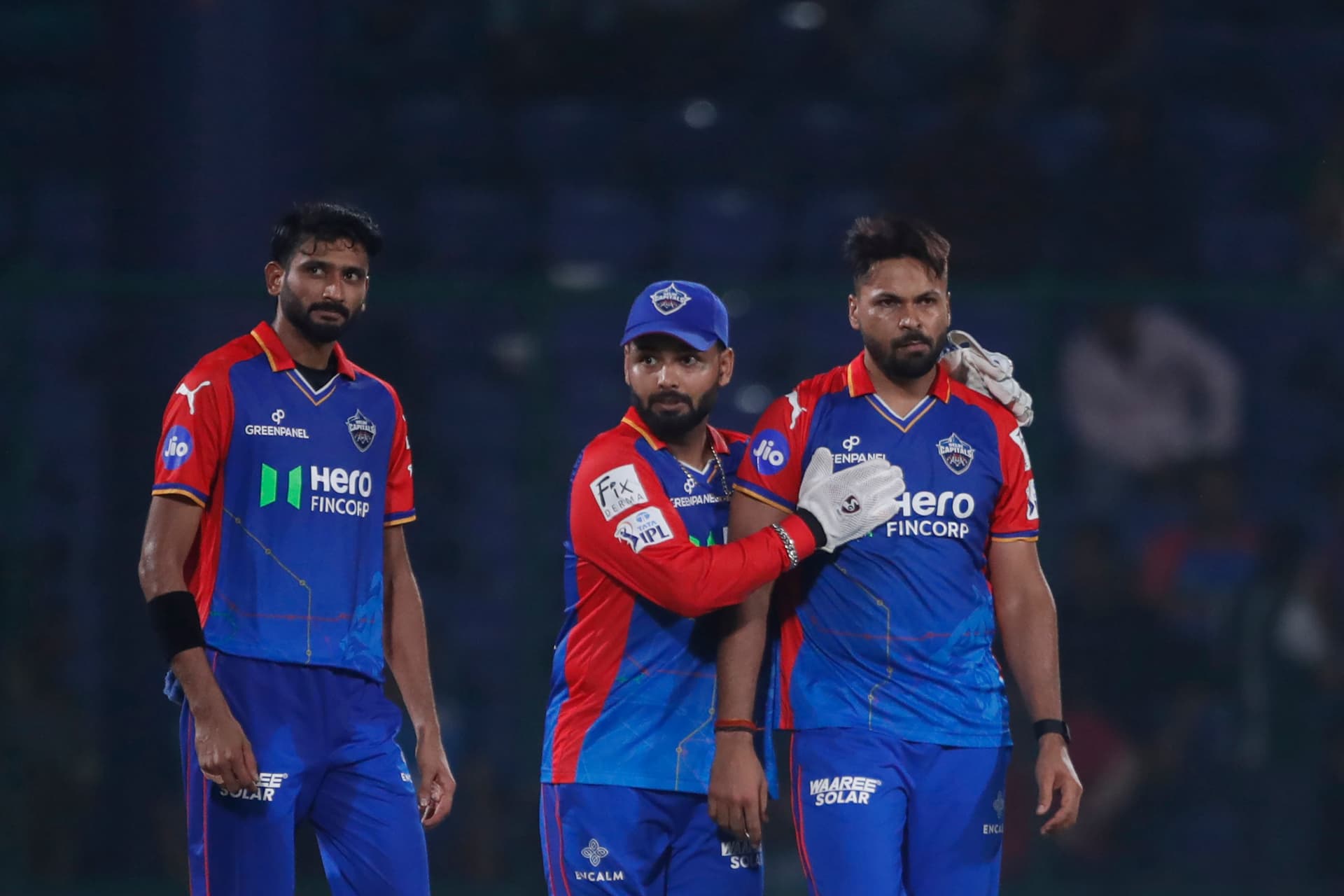 Mukesh Kumar celebrates the wicket of Rovman Powell