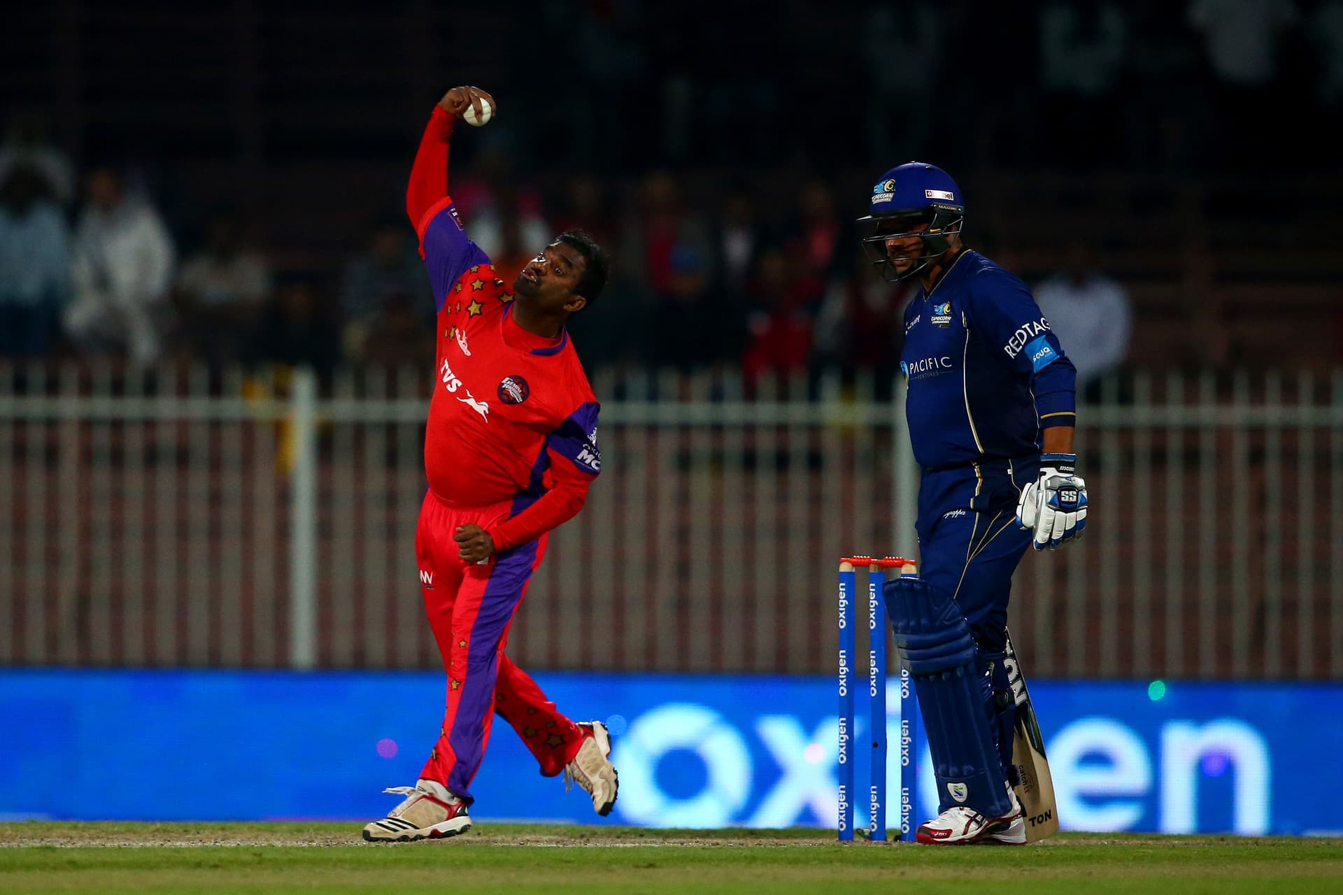 Muttiah Muralitharan of Gemini Arabians bowls during the Oxigen Masters Champions League