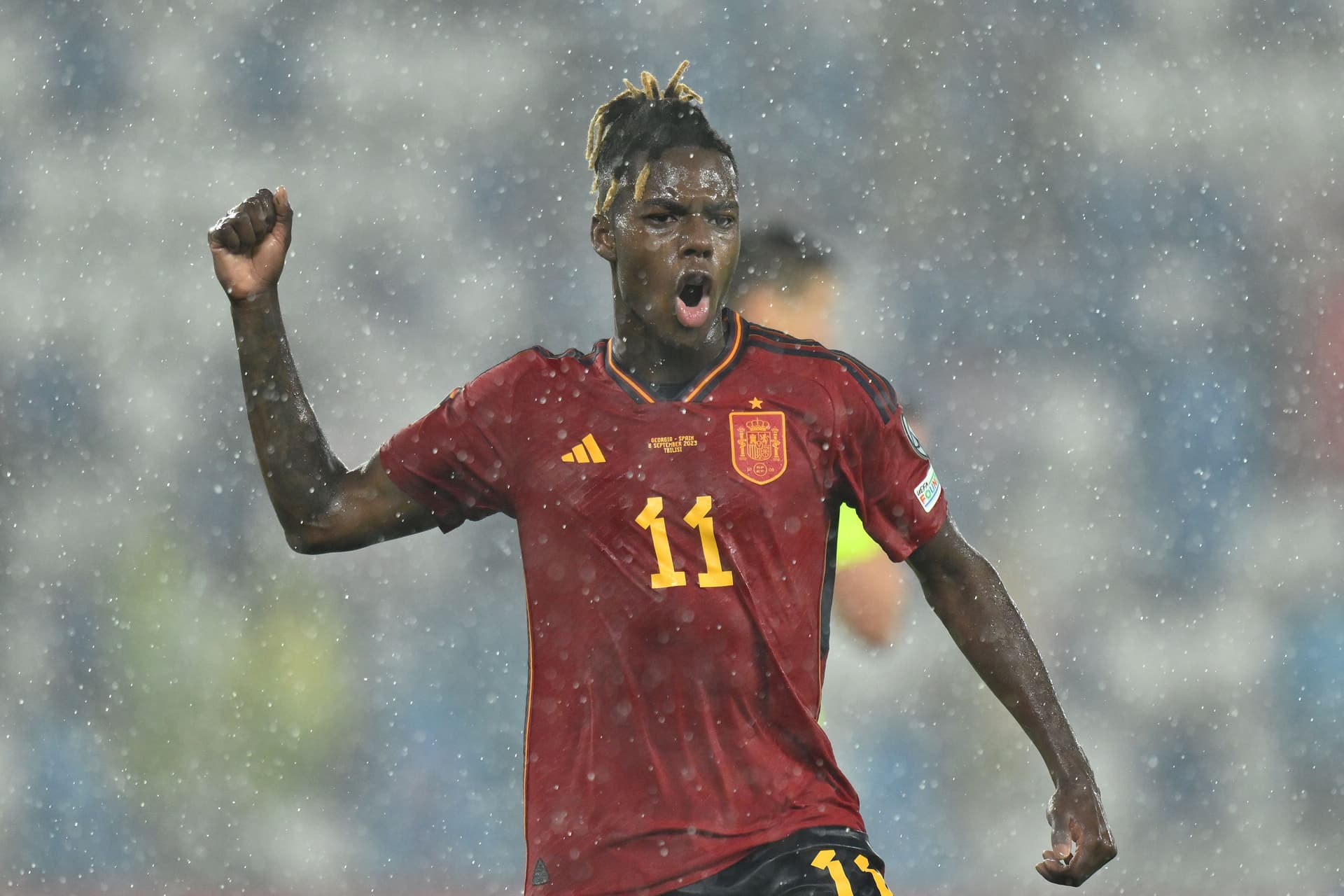 Nico Williams of Spain celebrates after scoring the team's sixth goal