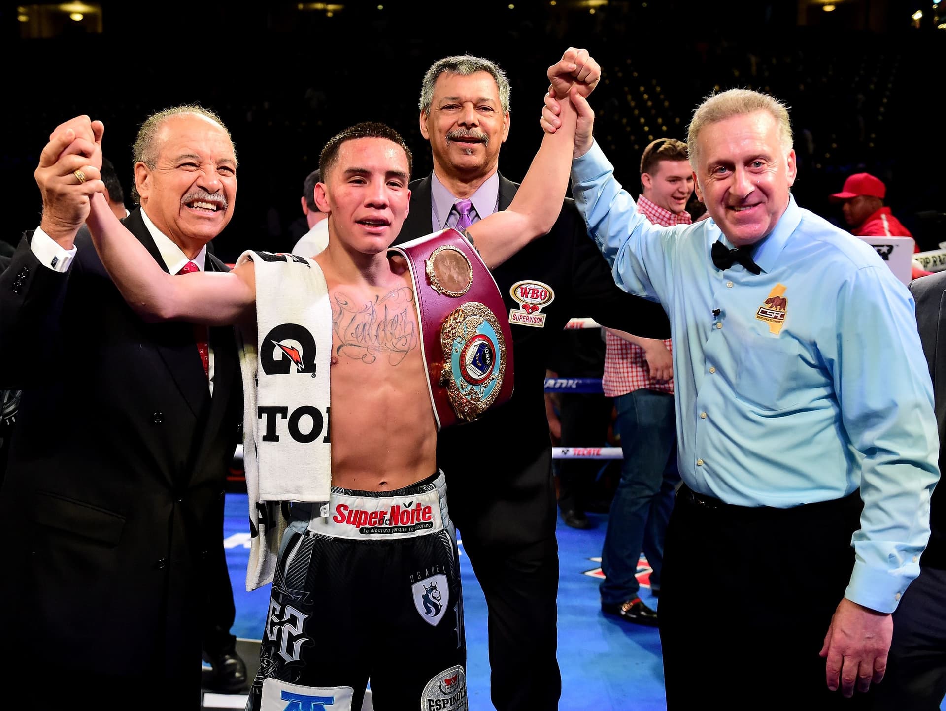 Oscar Valdez of Mexico celebrates a 12th round unanimous decision over Miguel Marriaga of Colombia