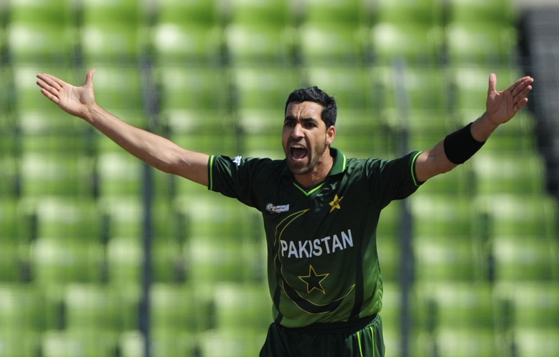 Pakistan cricketer Umar Gul appeals unsuccessfully for a Leg Before Wicket (LBW) decision