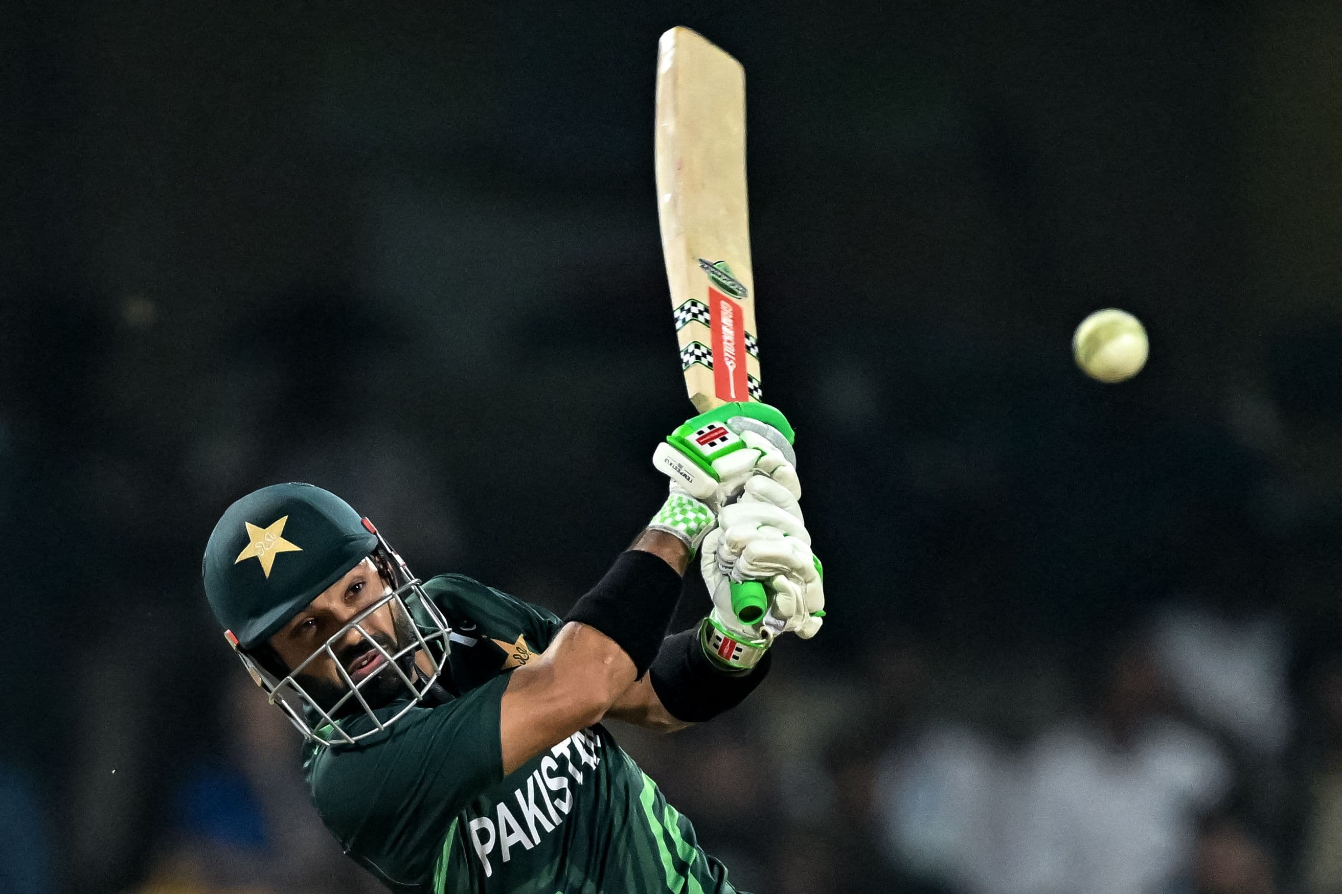 Pakistan's Mohammad Rizwan plays a shot during the 2023 ICC Men's Cricket World Cup