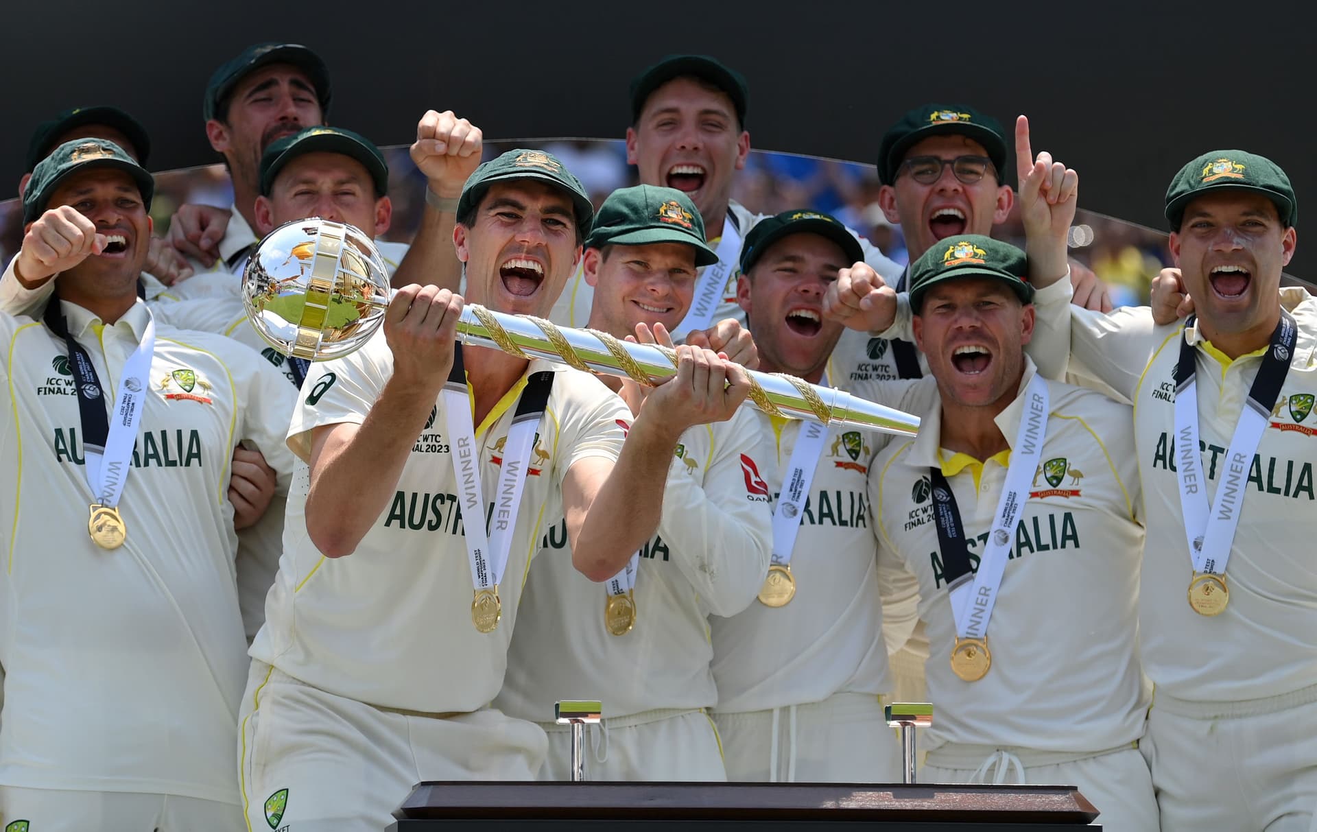 Pat Cummins of Australia lifts the ICC World Test Championship Mace