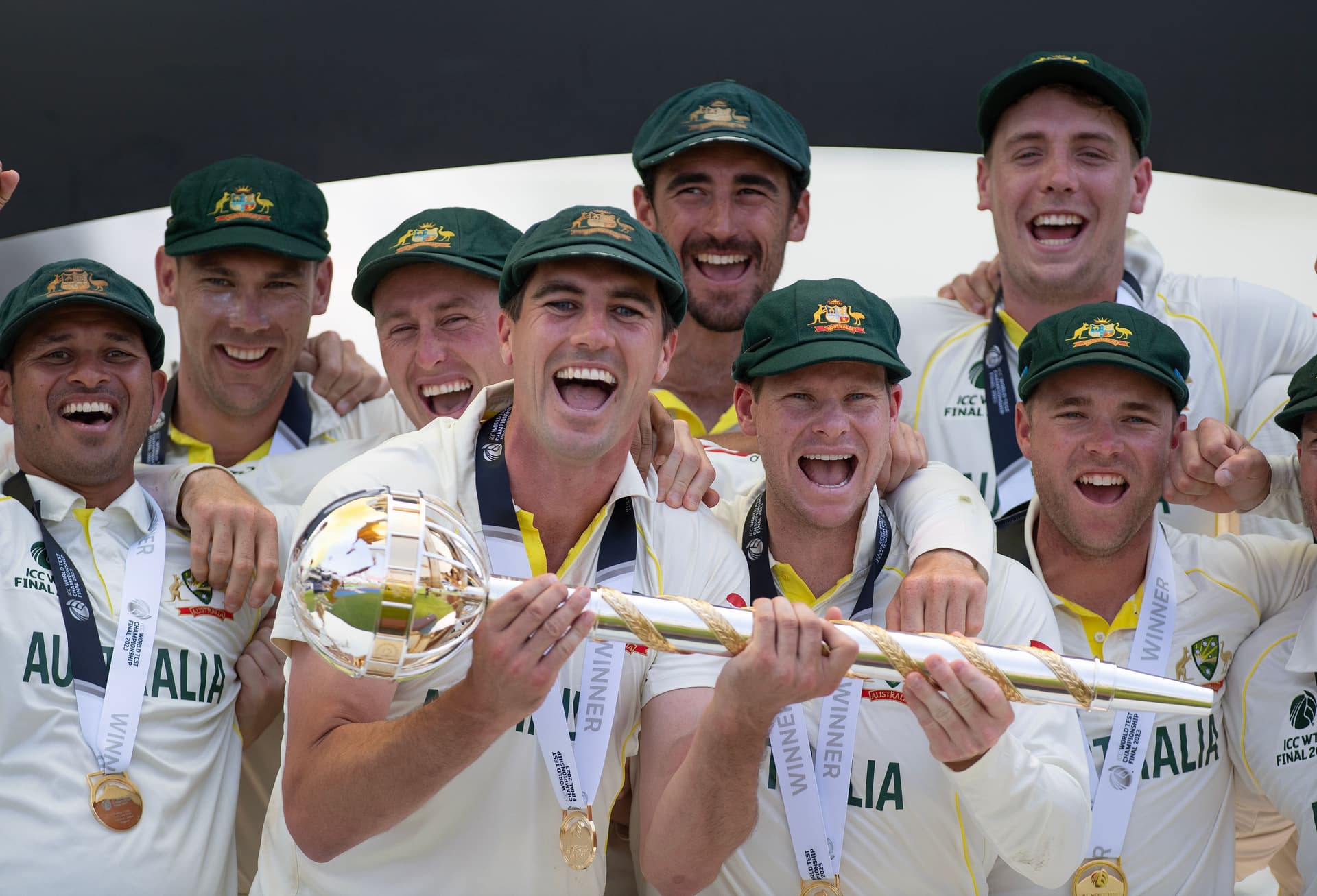 Patrick Cummins and Steven Smith of Australia hold the ICC World Test Championship mace