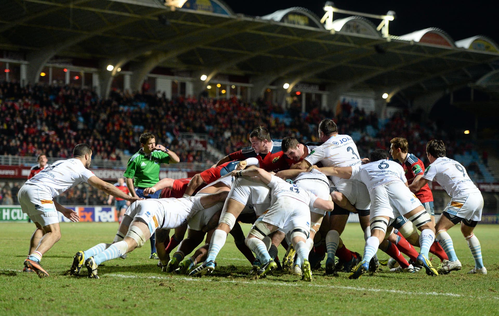 A general view of a scrum as referee JP Doyle awards a penalty