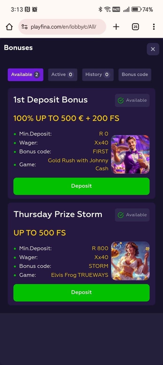 Playfina Bonuses & Promotions