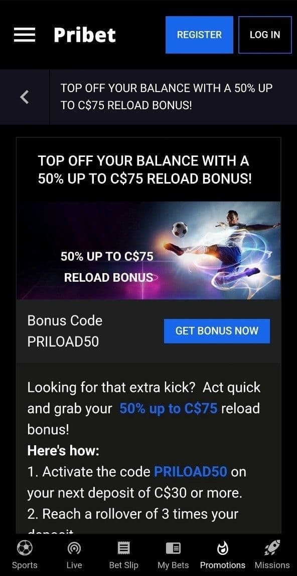 Pribet Reload Bonus Offer