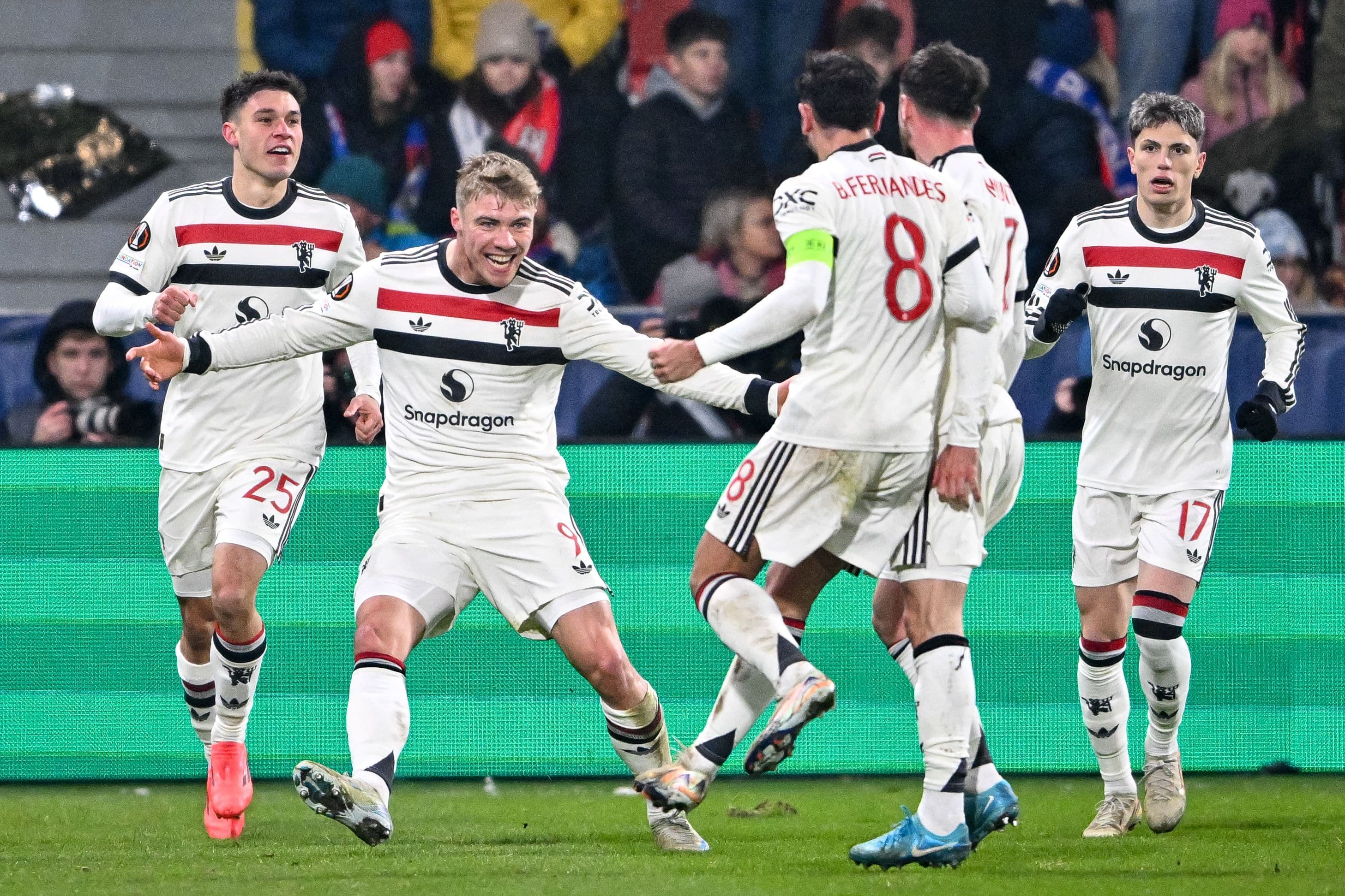 Rasmus Hojlund celebrates after scoring his team's goal