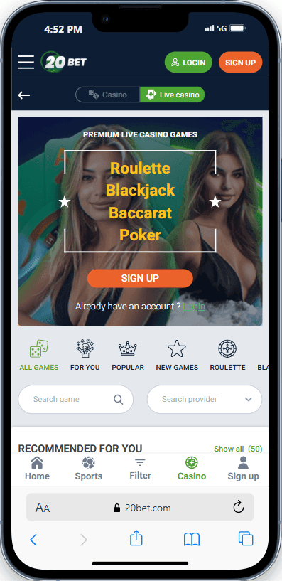 Real Casino Experience at 20bet
