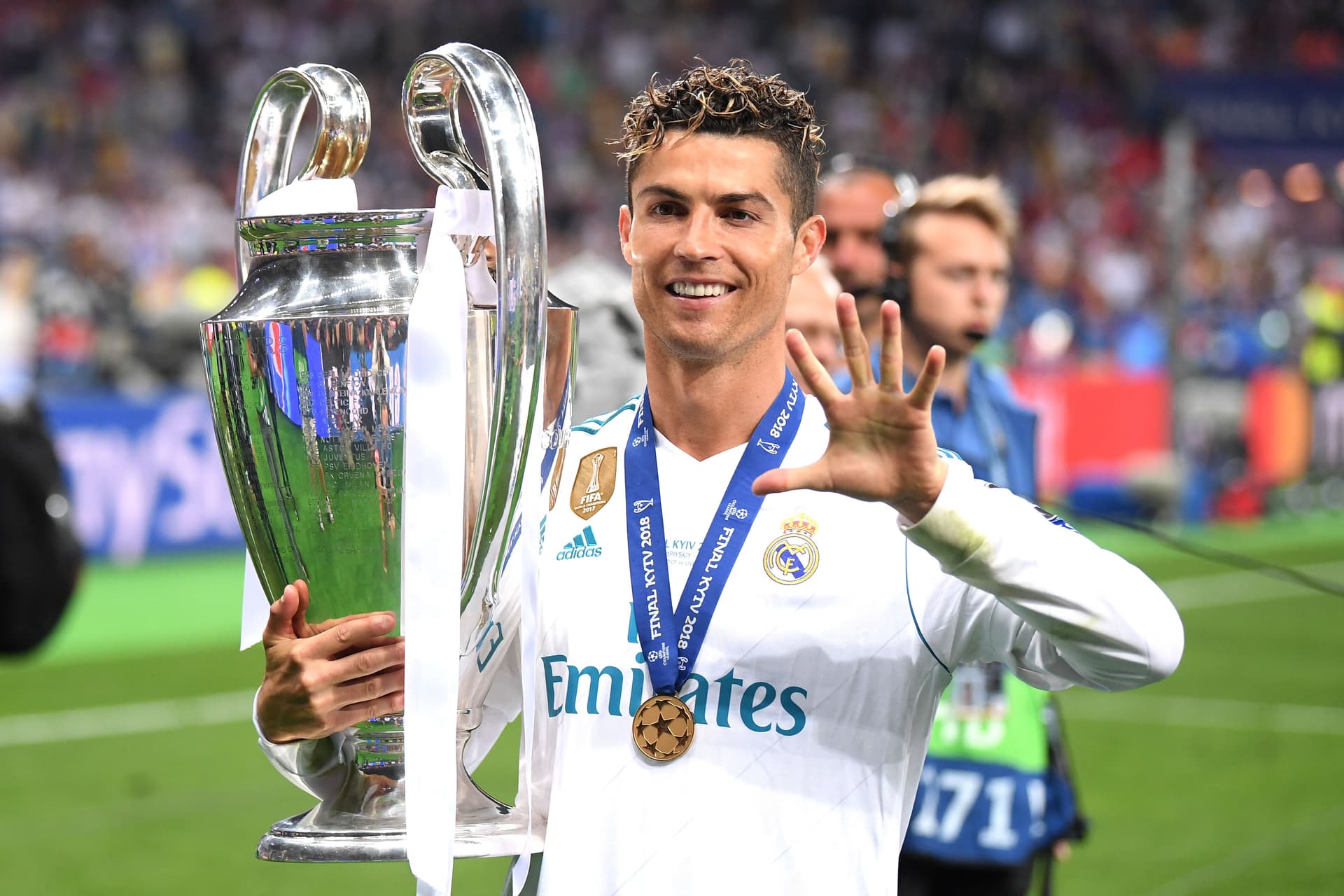 Cristiano Ronaldo of Real Madrid lifts The UEFA Champions League trophy
