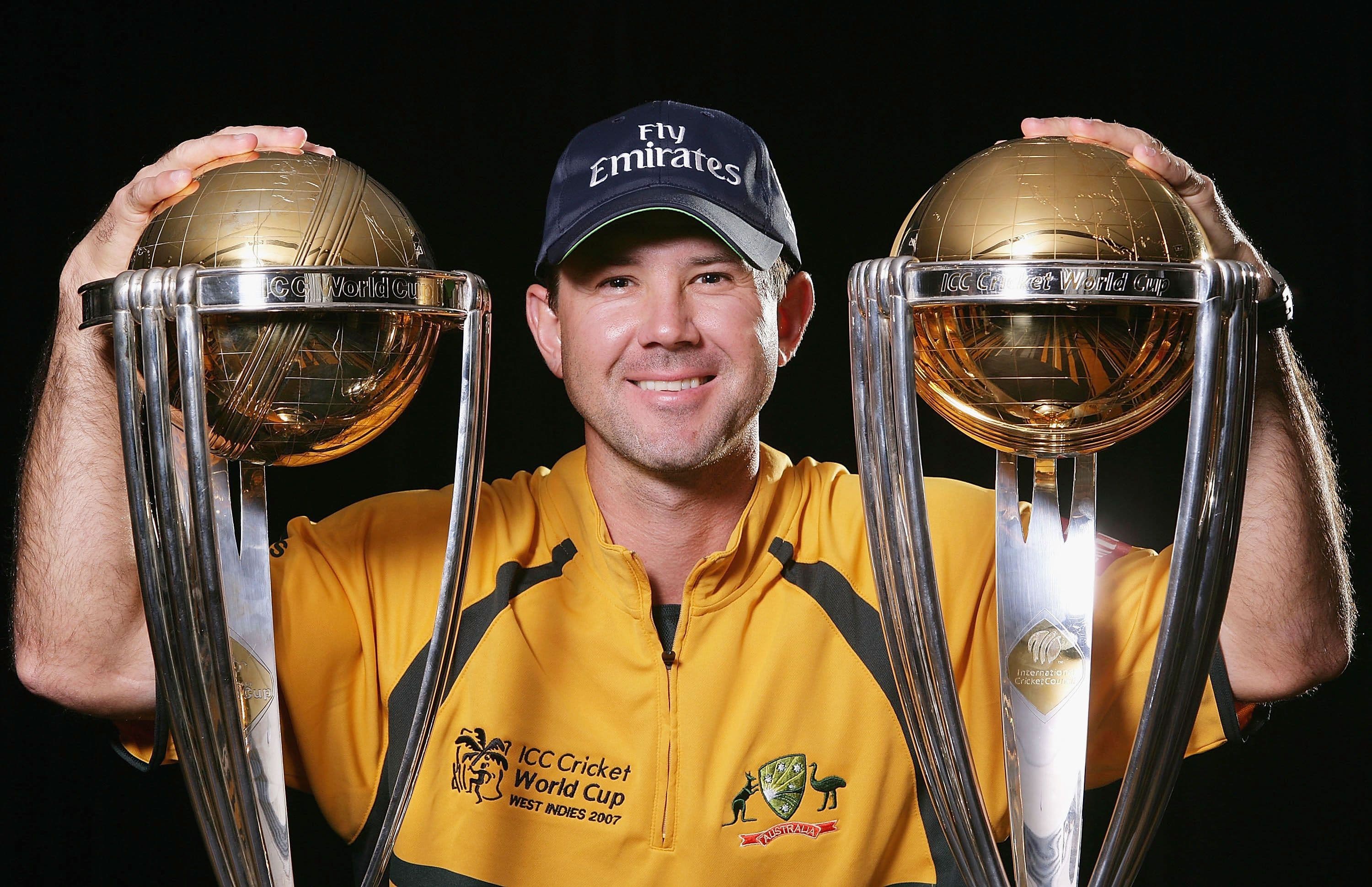 Ricky Ponting with the 1999 and 2003 World Cup trophies