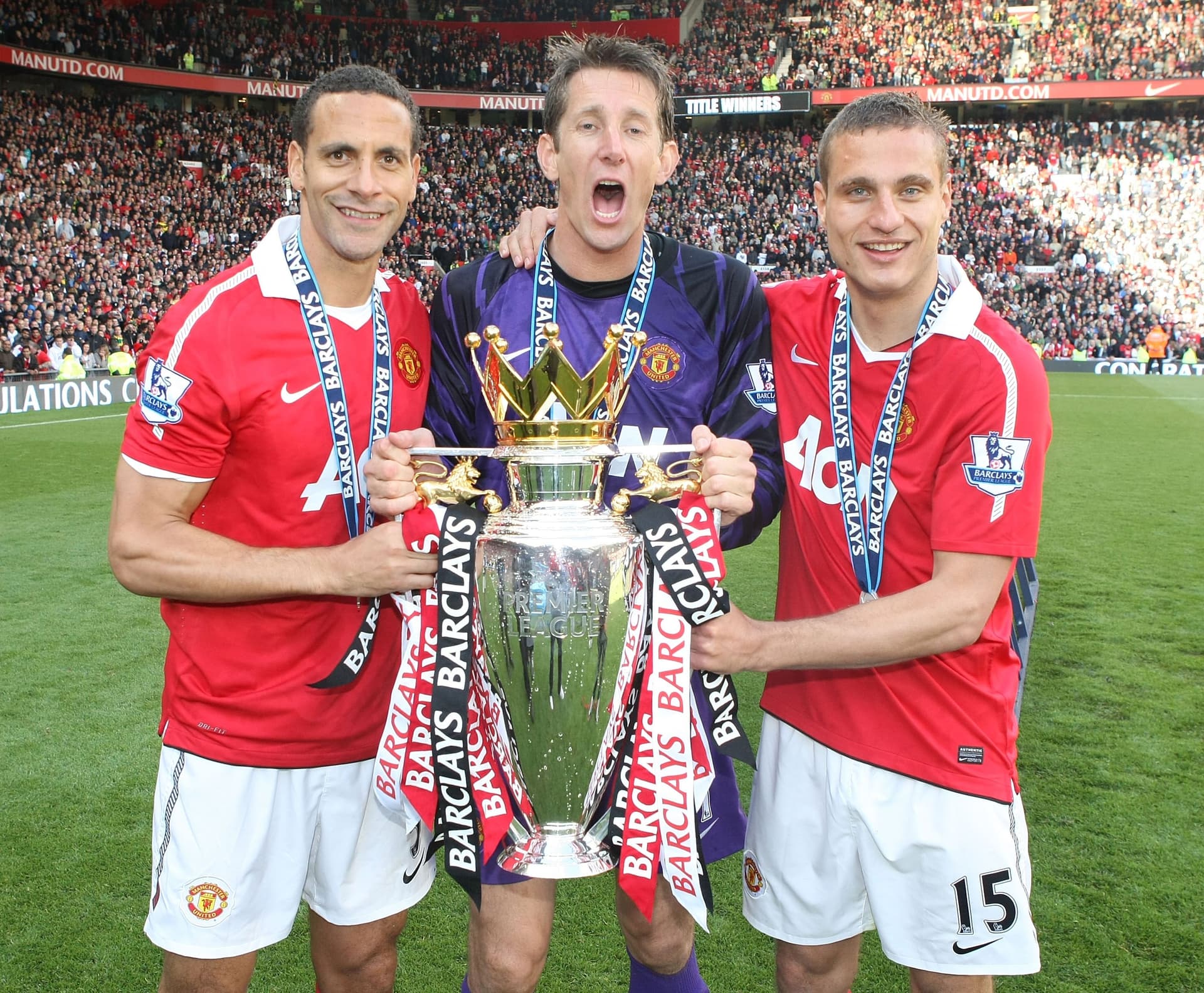 Rio Ferdinand (L), Edwin van der Sar and Nemanja Vidic
