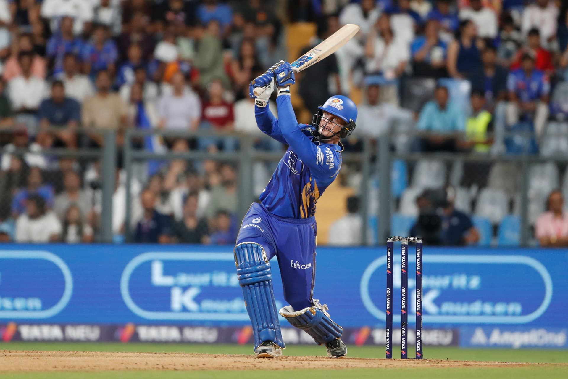 Ryan Rickelton of Mumbai Indians plays a shot during the 2025 IPL match