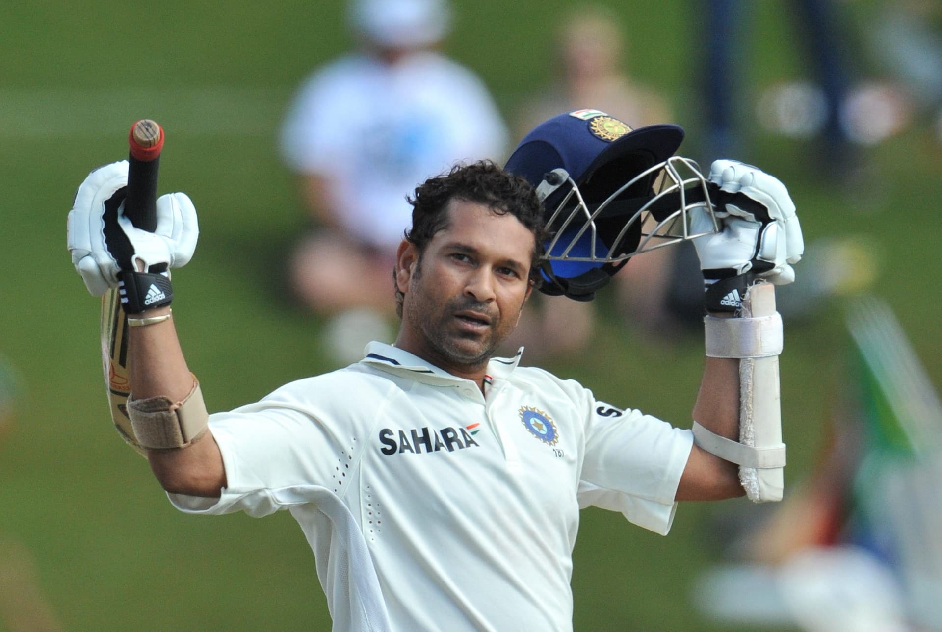 Sachin Tendulkar of India celebrates his 50th Test century