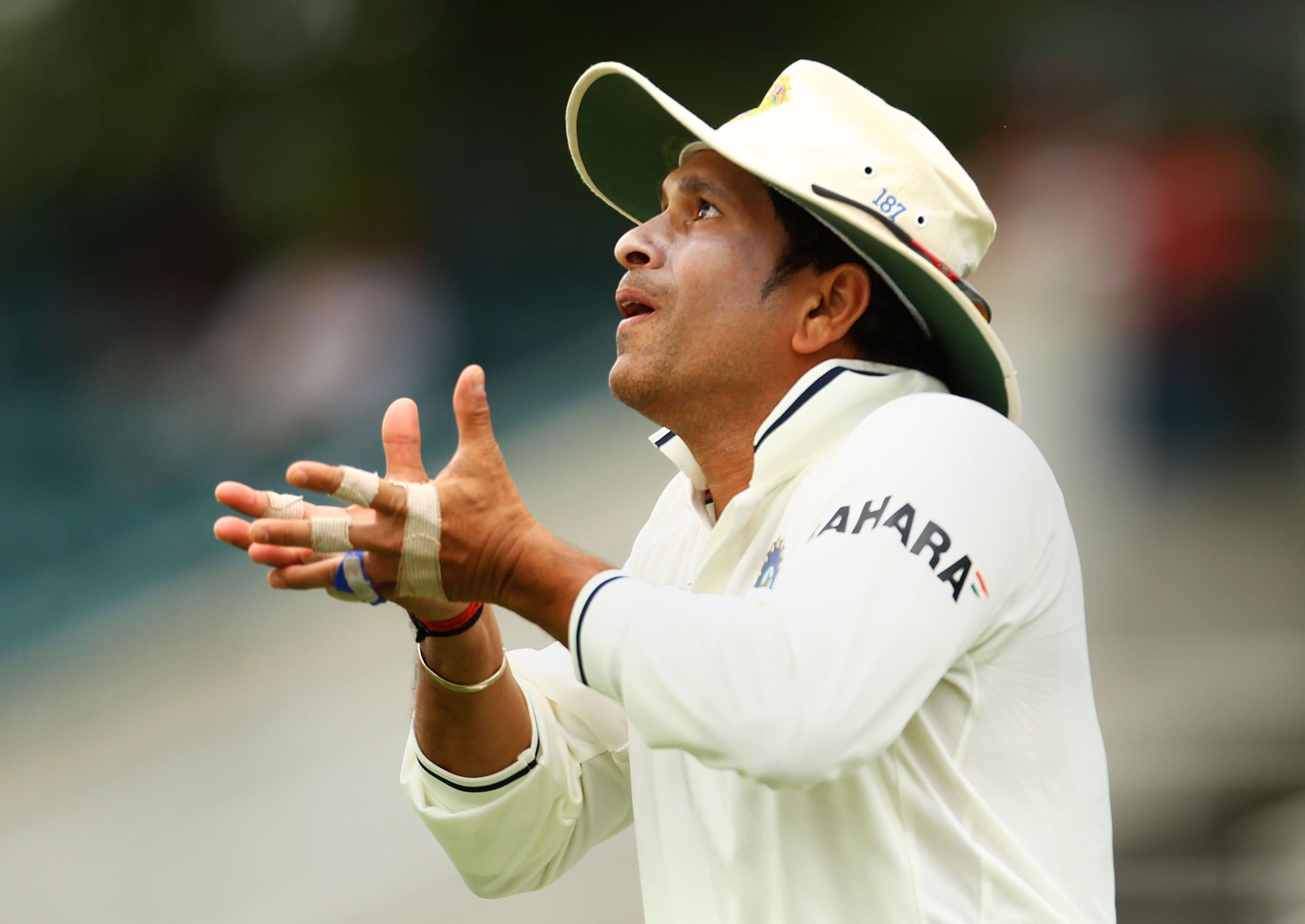 Sachin Tendulkar of India lines up a catch on the boundary