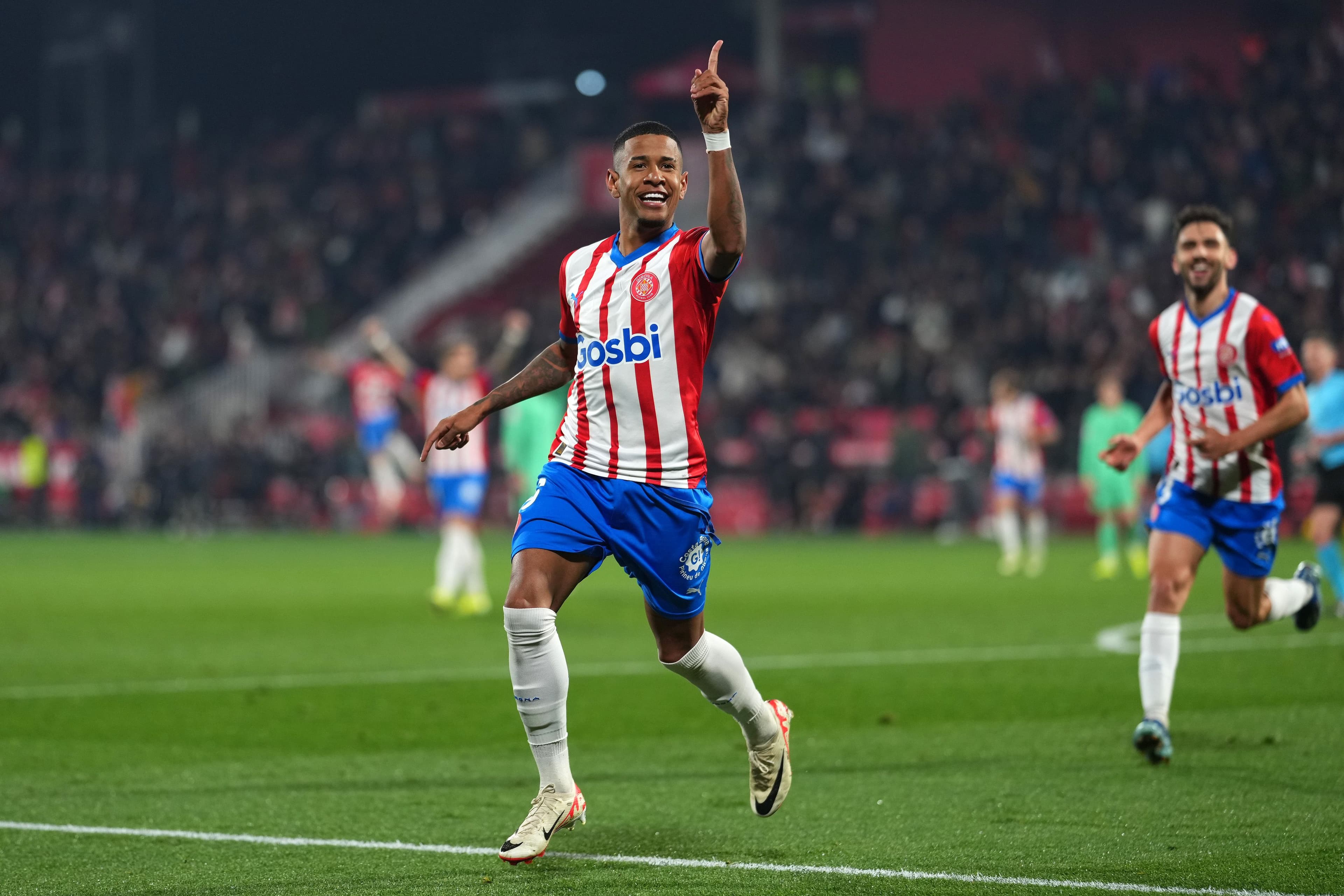 Savio of Girona FC celebrates after scoring their team's second goal