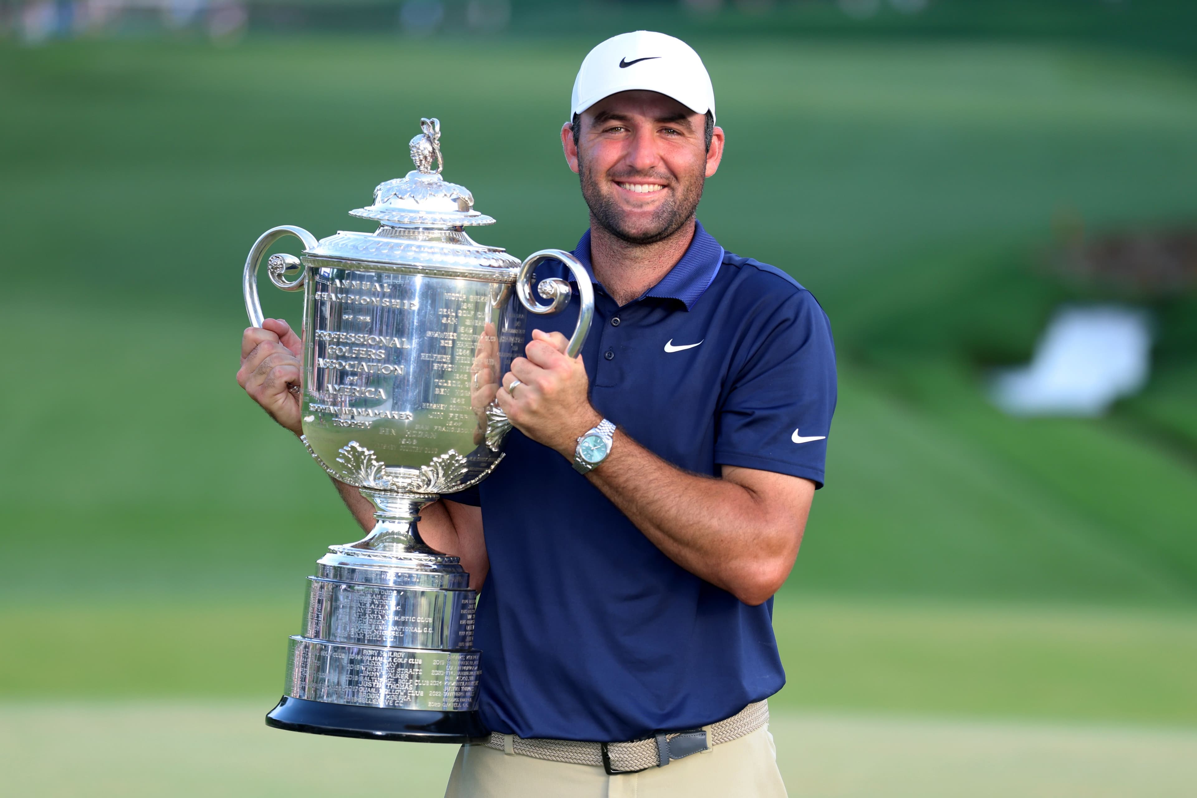 Scottie Scheffler of the United States holds the Wanamaker Trophy.jpg