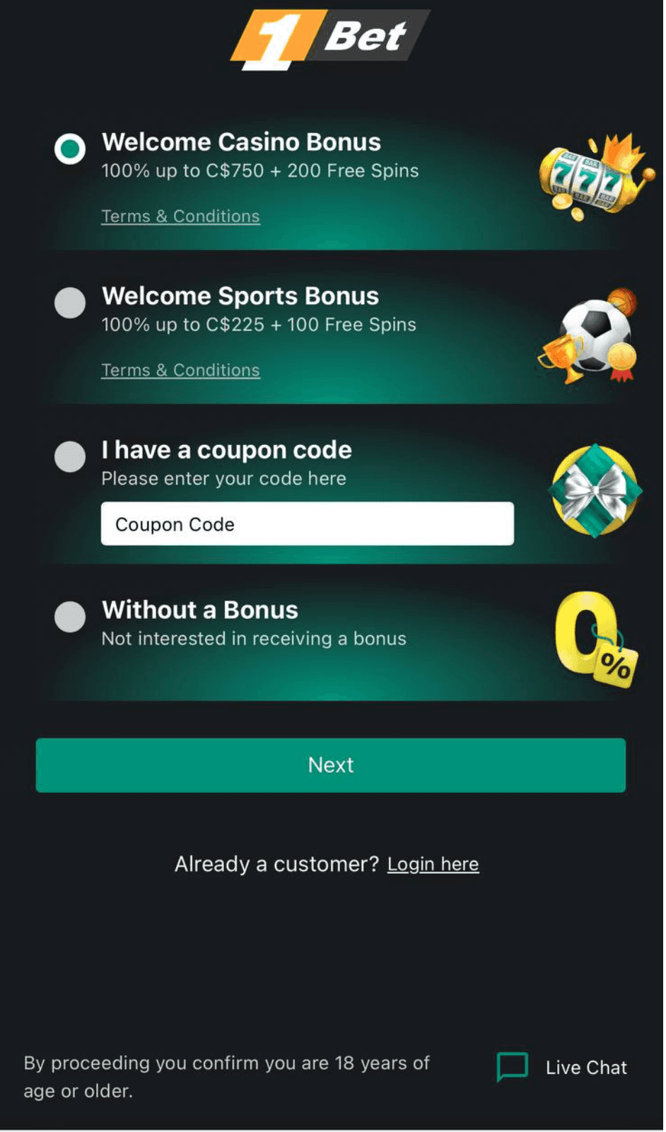 Select your welcome bonus