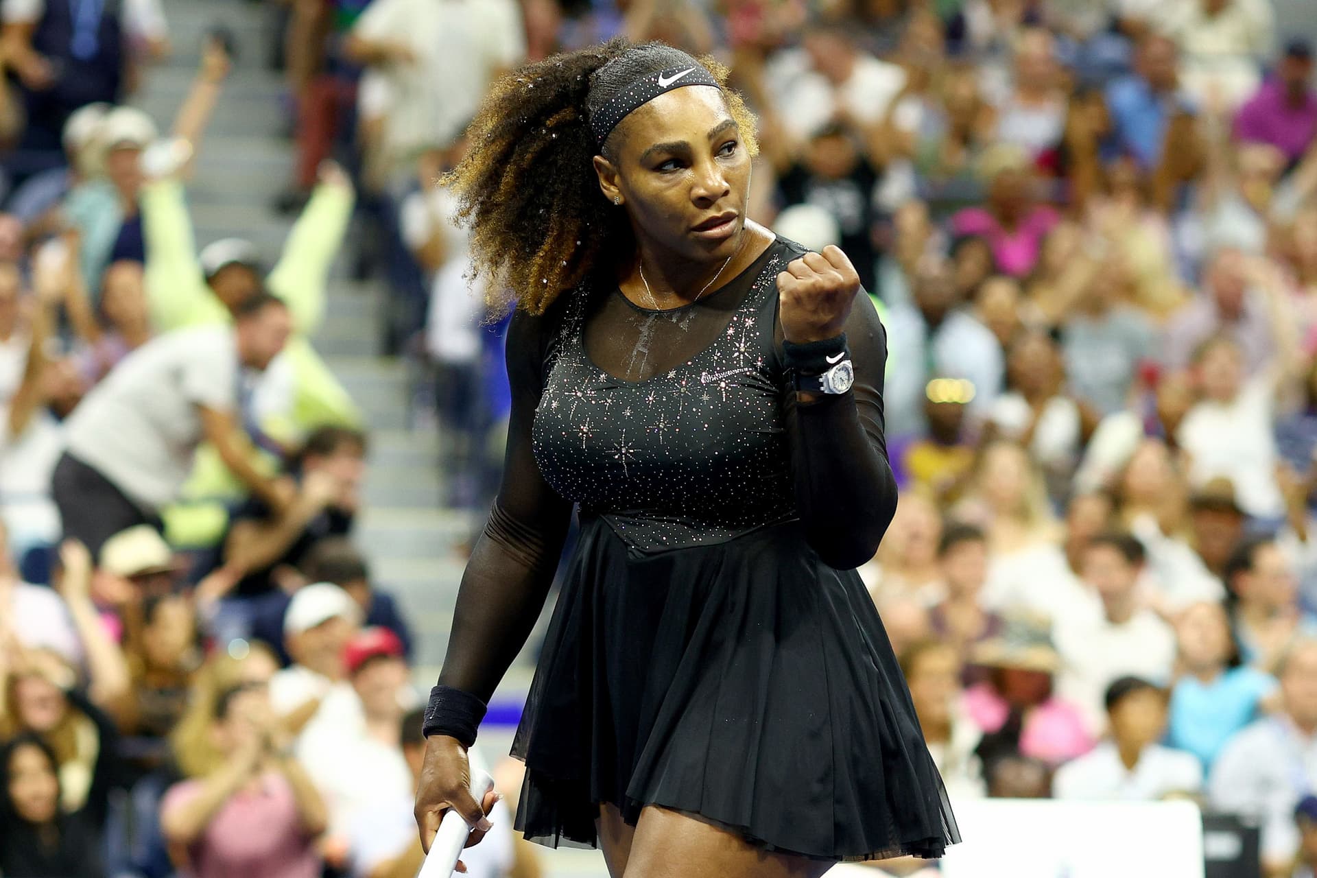 Serena Williams of the United States reacts to a point against Danka Kovinic