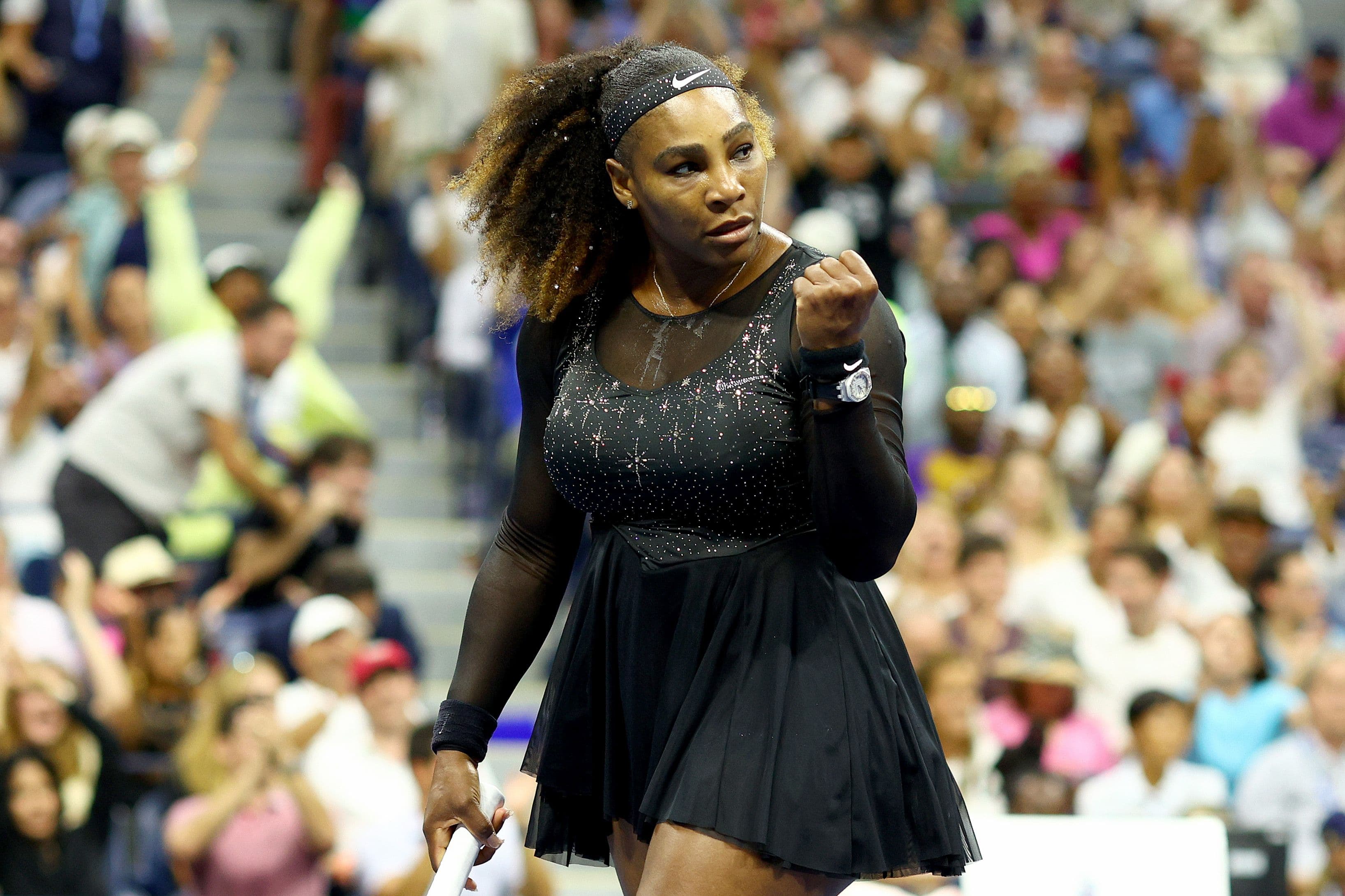 Serena Williams of the United States reacts to a point against Danka Kovinic