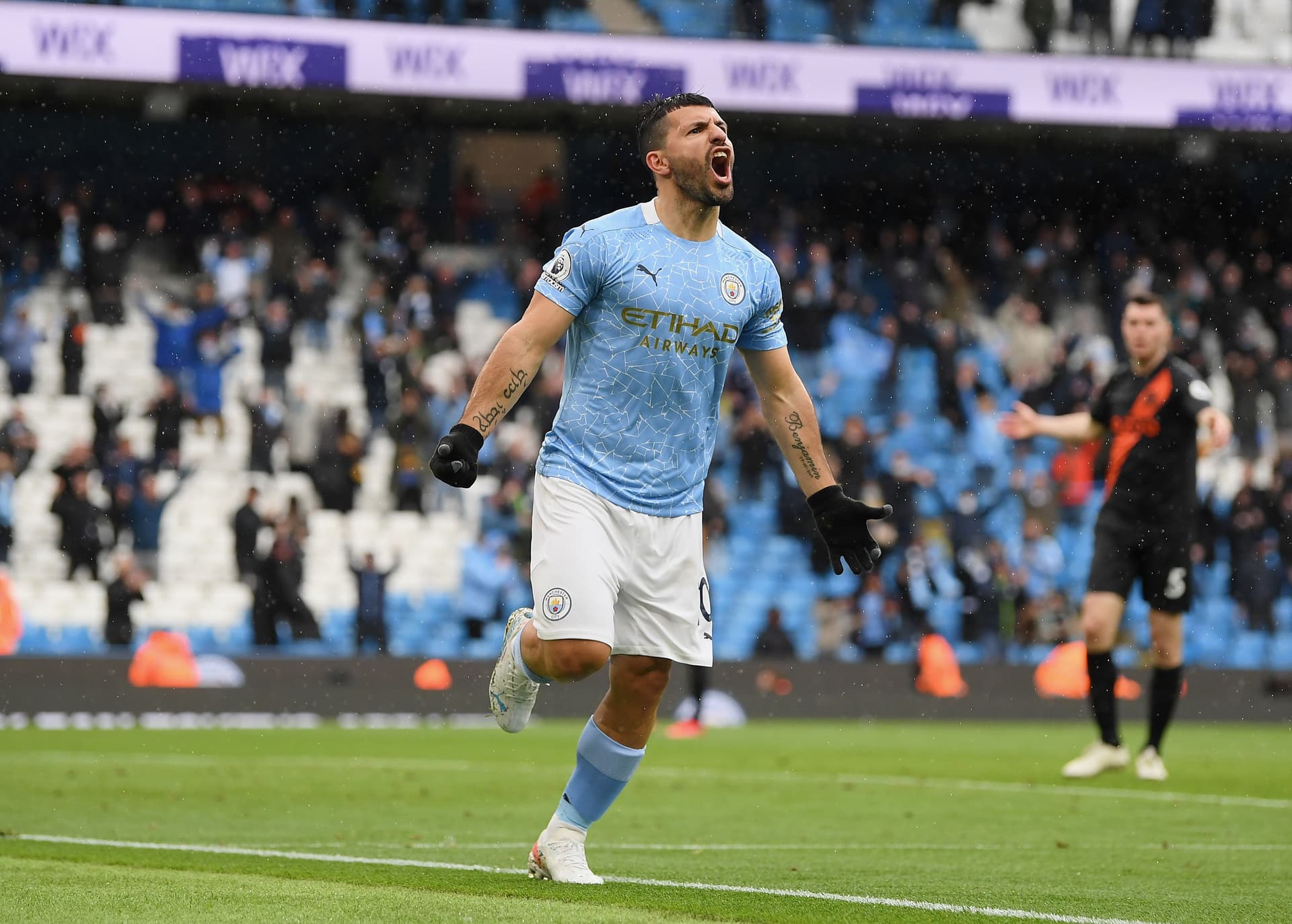 Sergio Aguero of Manchester City celebrates after scoring his team's fifth goal