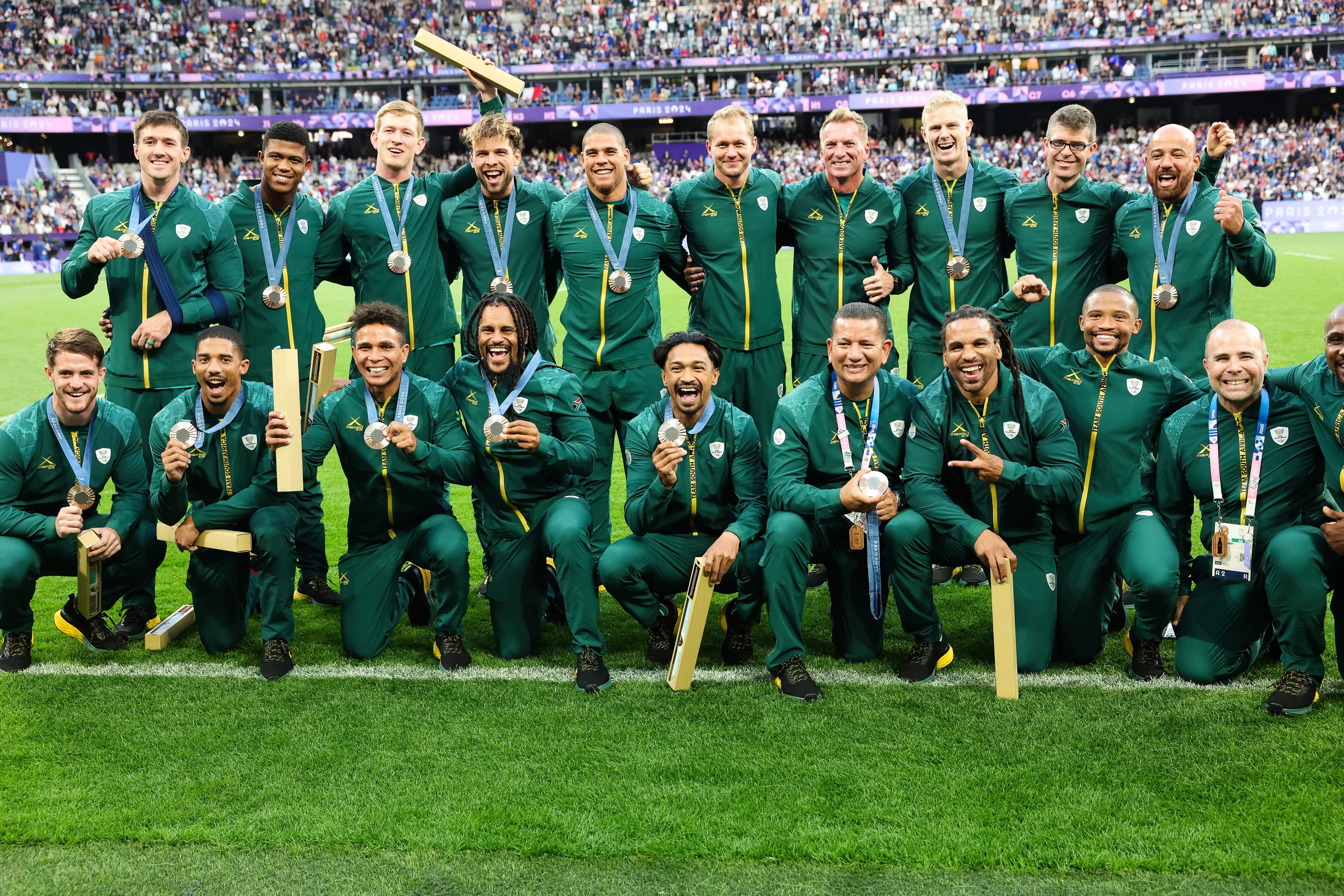 South Africa celebrate winning Bronze Medals medals during the Paris 2024 Olympic Games