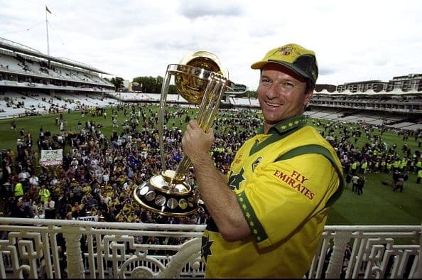 Steve Waugh of Australia lifts the trophy after victory in the Cricket World Cup