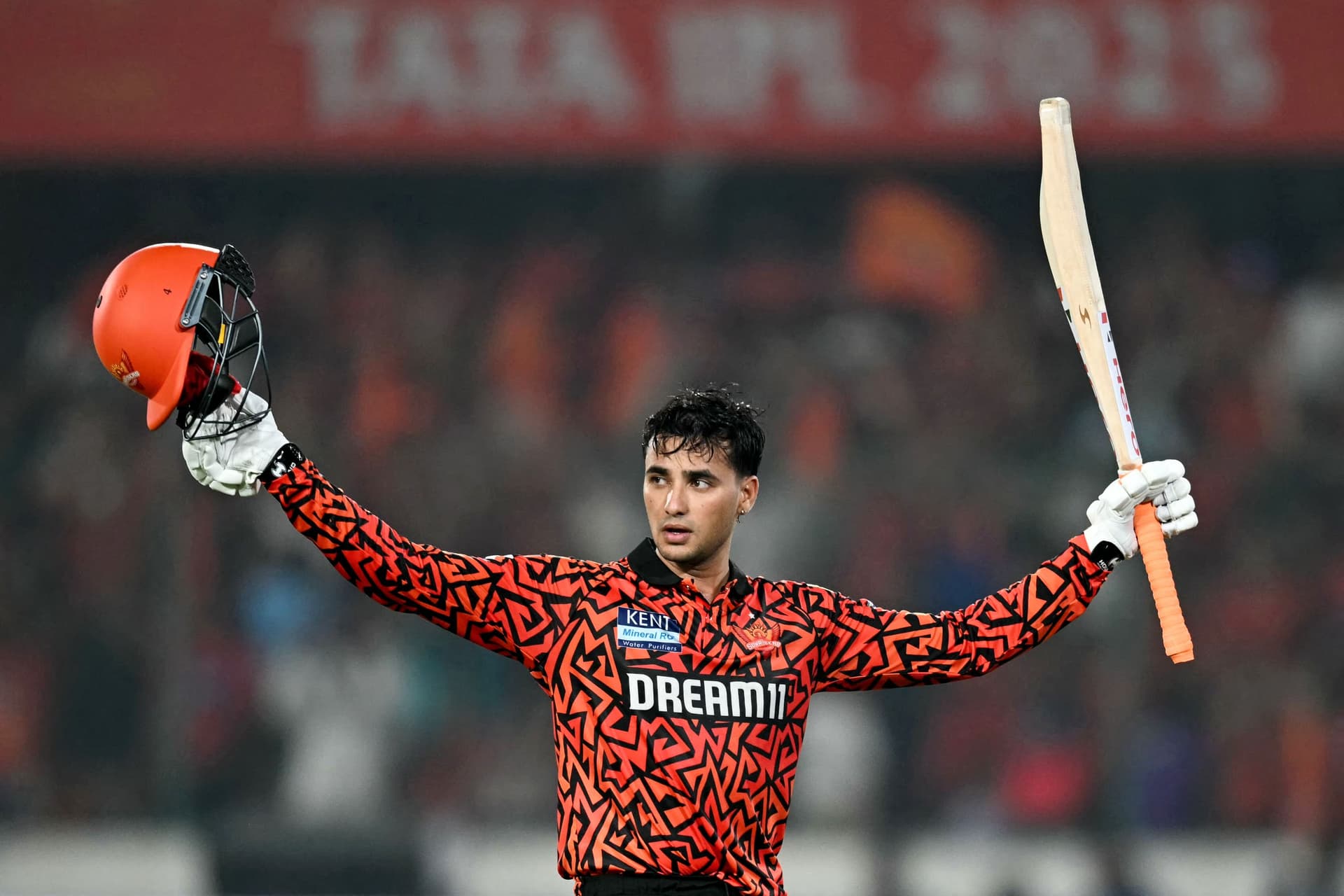 Sunrisers Hyderabad's Abhishek Sharma gestures to the crowd