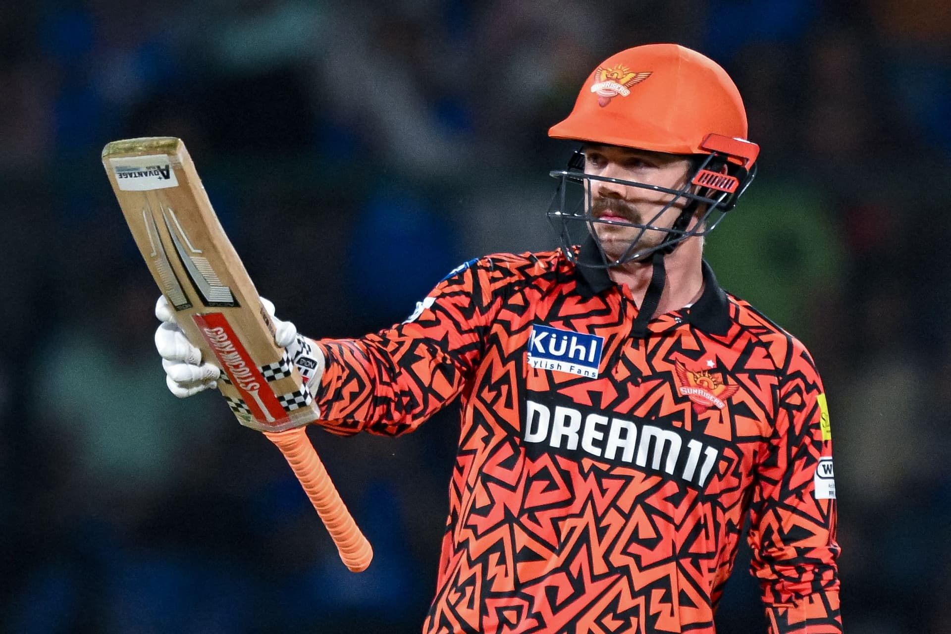 Sunrisers Hyderabad's Travis Head celebrates after scoring a half-century