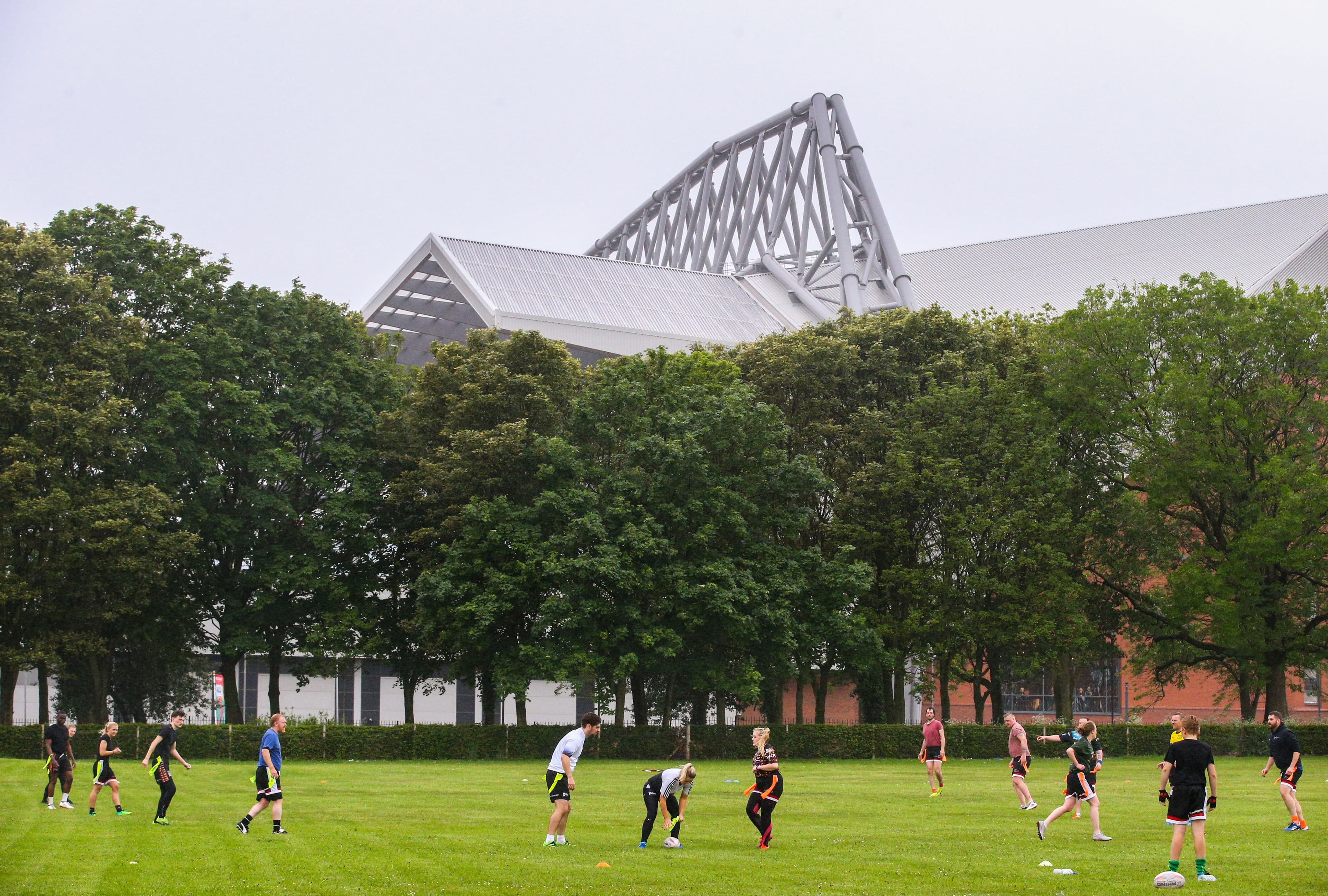 Teams from Try Tag Rugby play a match outside Anfield, before the Dacia Magic Weekend Round 16 matches