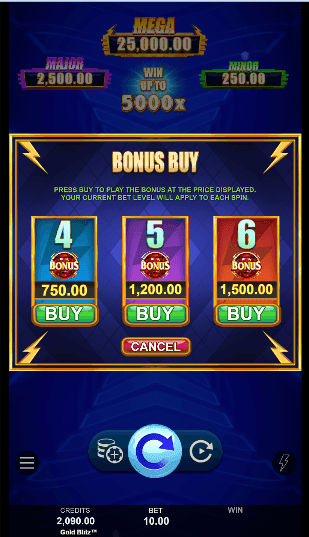 The bonus buy feature can be used to buy 4, 5, or 6 scatters