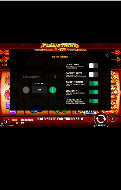 Then set your bet size in USD Fire Strike