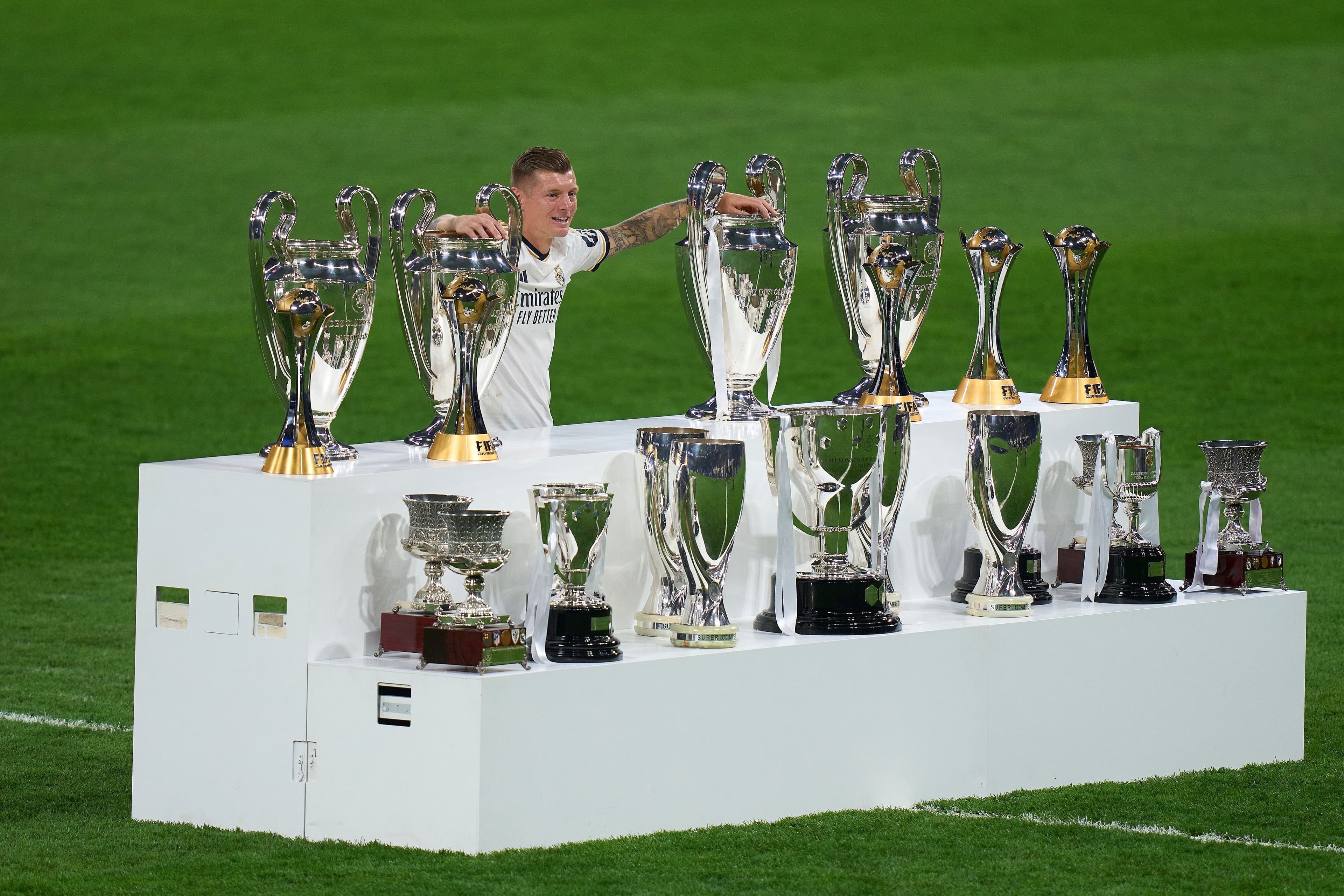 Toni Kroos of Real Madrid CF poses with trophies after the game the LaLiga EA Sports